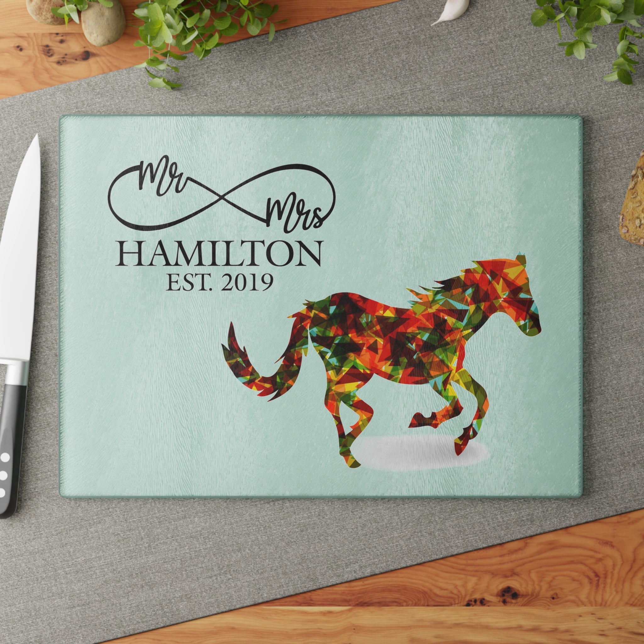 Personalized Wild Horse Glass Cutting Board – 20 Custom Designs, Tempered Glass, Housewarming, Wedding & Real Estate Gifts - Available in 2 Sizes: 8x11 & 11x15  - DESIGN 6