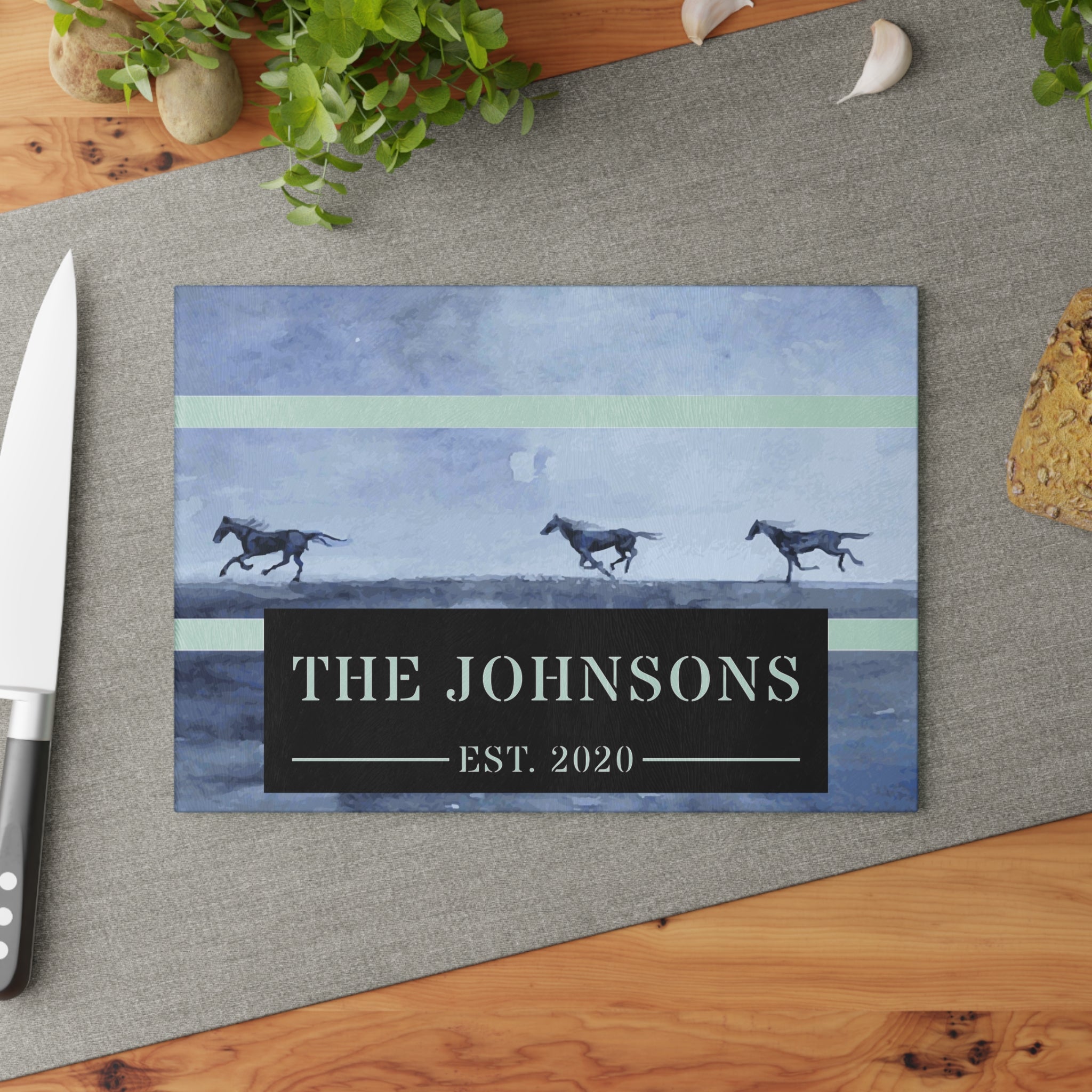 Personalized Wild Running Horses Glass Cutting Board – 20 Custom Designs, Tempered Glass, Housewarming, Wedding & Real Estate Gifts - Available in 2 Sizes: 8x11 & 11x15  - DESIGN 1