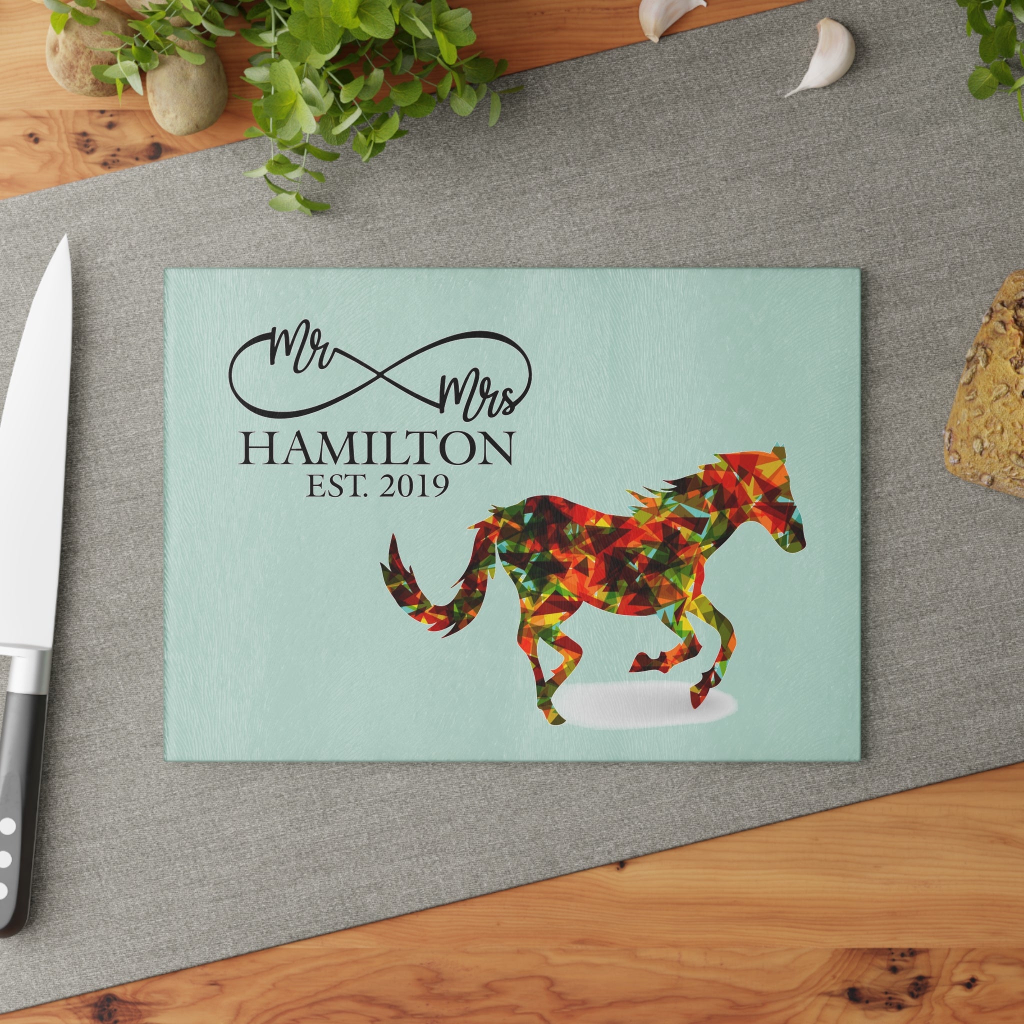 Personalized Wild Horse Glass Cutting Board – 20 Custom Designs, Tempered Glass, Housewarming, Wedding & Real Estate Gifts - Available in 2 Sizes: 8x11 & 11x15  - DESIGN 6