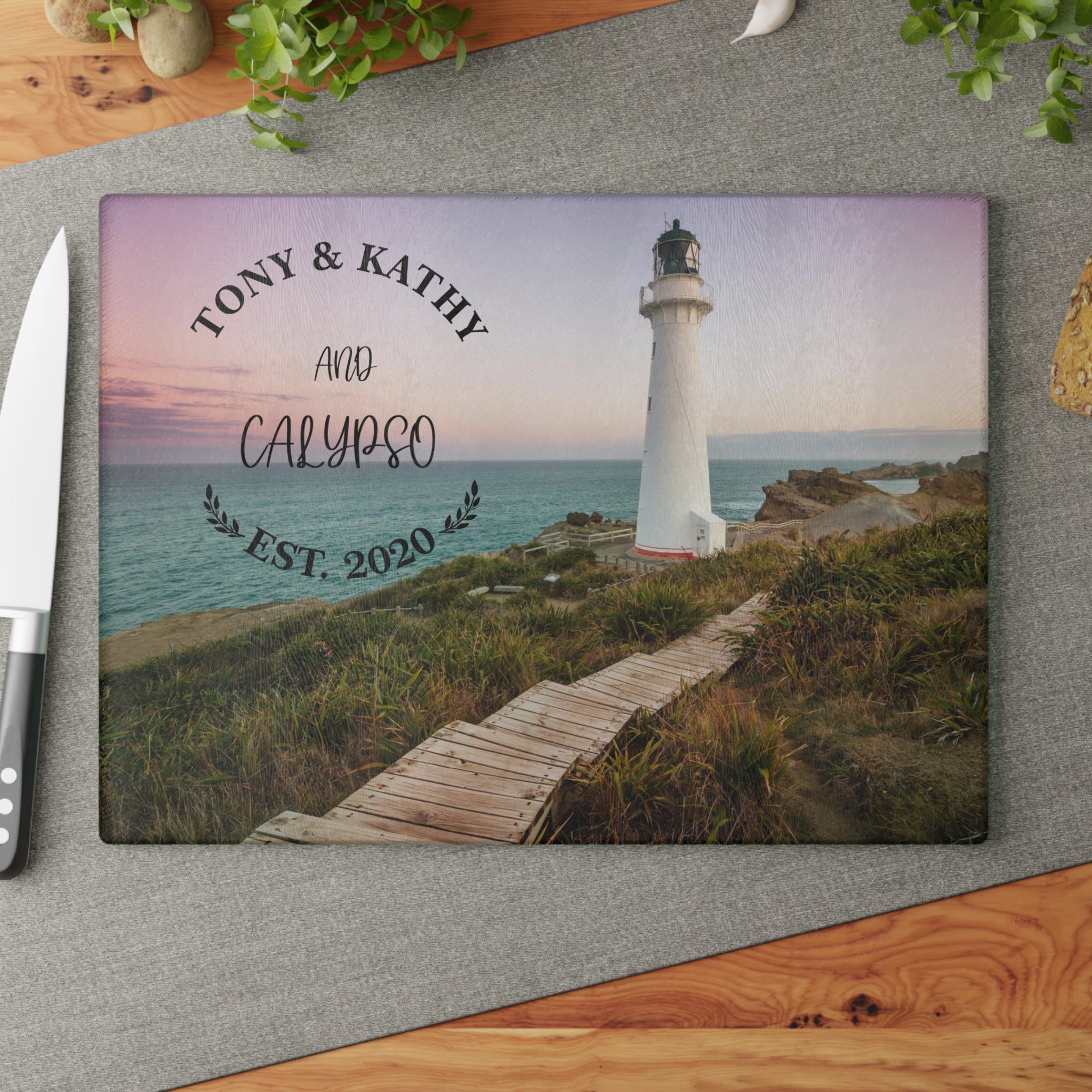 Personalized Lighthouse Glass Cutting Board – 20 Custom Designs | Tempered Glass, Housewarming, Wedding & Real Estate Gifts | Available in 2 Sizes: 8x11 & 11x15 - DESIGN 15