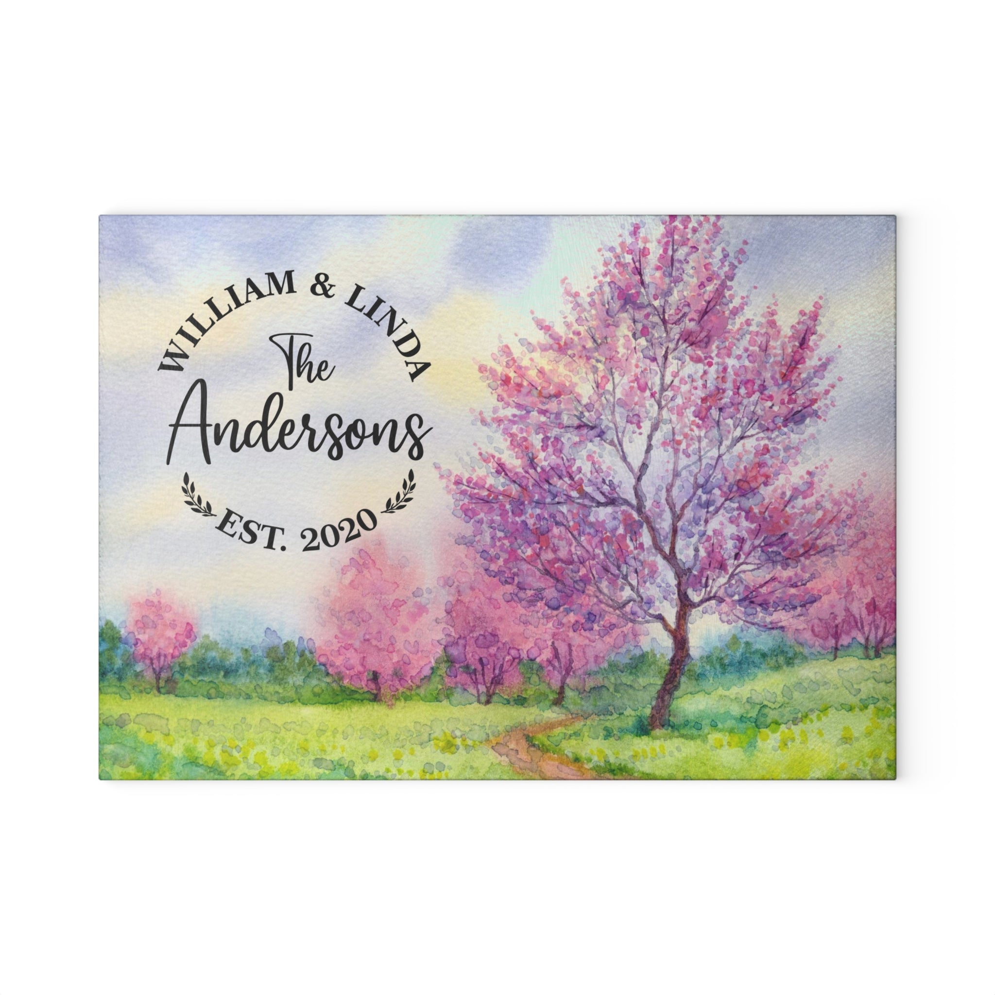 Personalized Cherry Blossom Trees Cutting Board – 20 Custom Designs, Tempered Glass, Housewarming, Wedding & Real Estate Gifts - Available in 2 Sizes: 8x11 & 11x15  - DESIGN 9