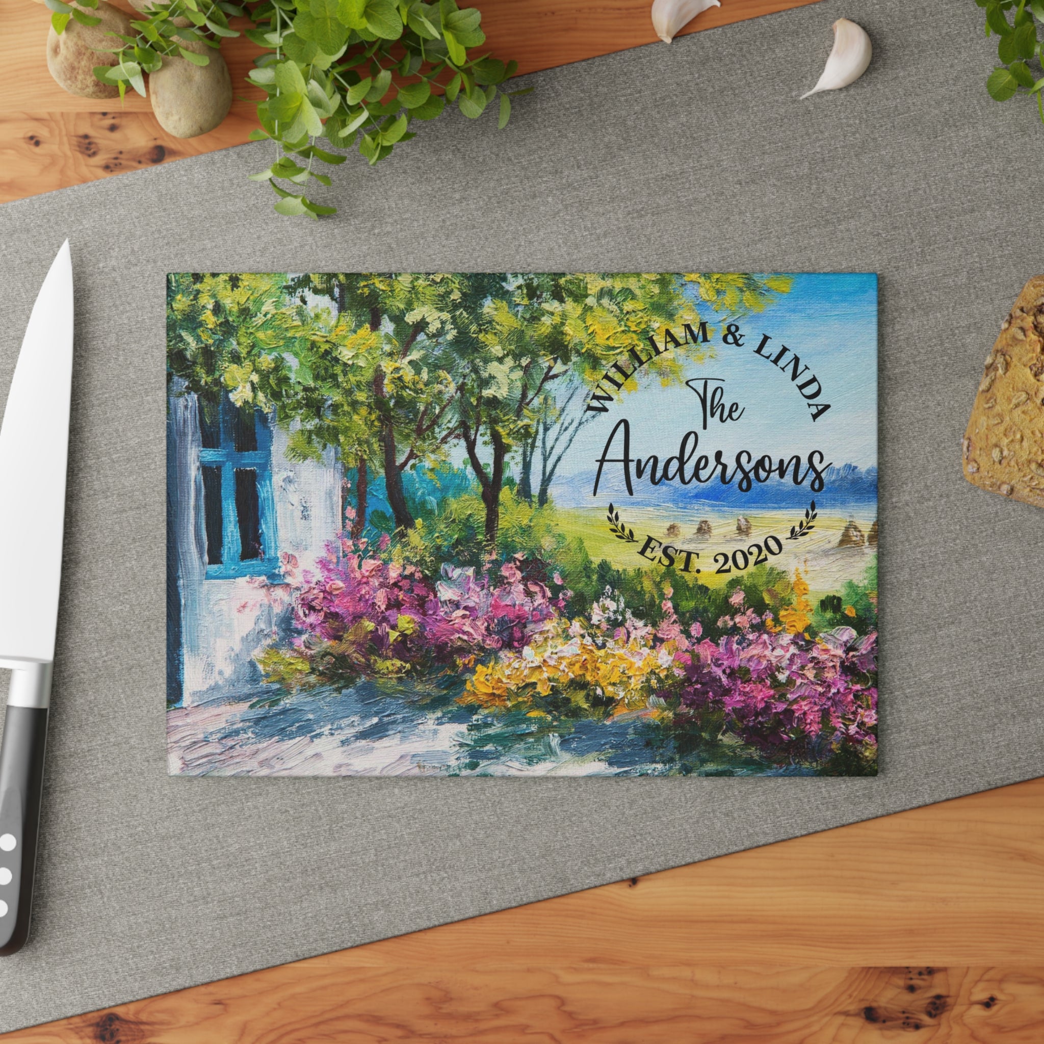 Personalized Flower Garden Cutting Board, 20 Designs | 8x11 and 11X15 | , Tempered Glass Board, Housewarming Gift, Wedding Gifts, Real Estate Closing Gift, Kitchen Sign, Cheese Board - Premium Glass Cutting Board - DESIGN 8