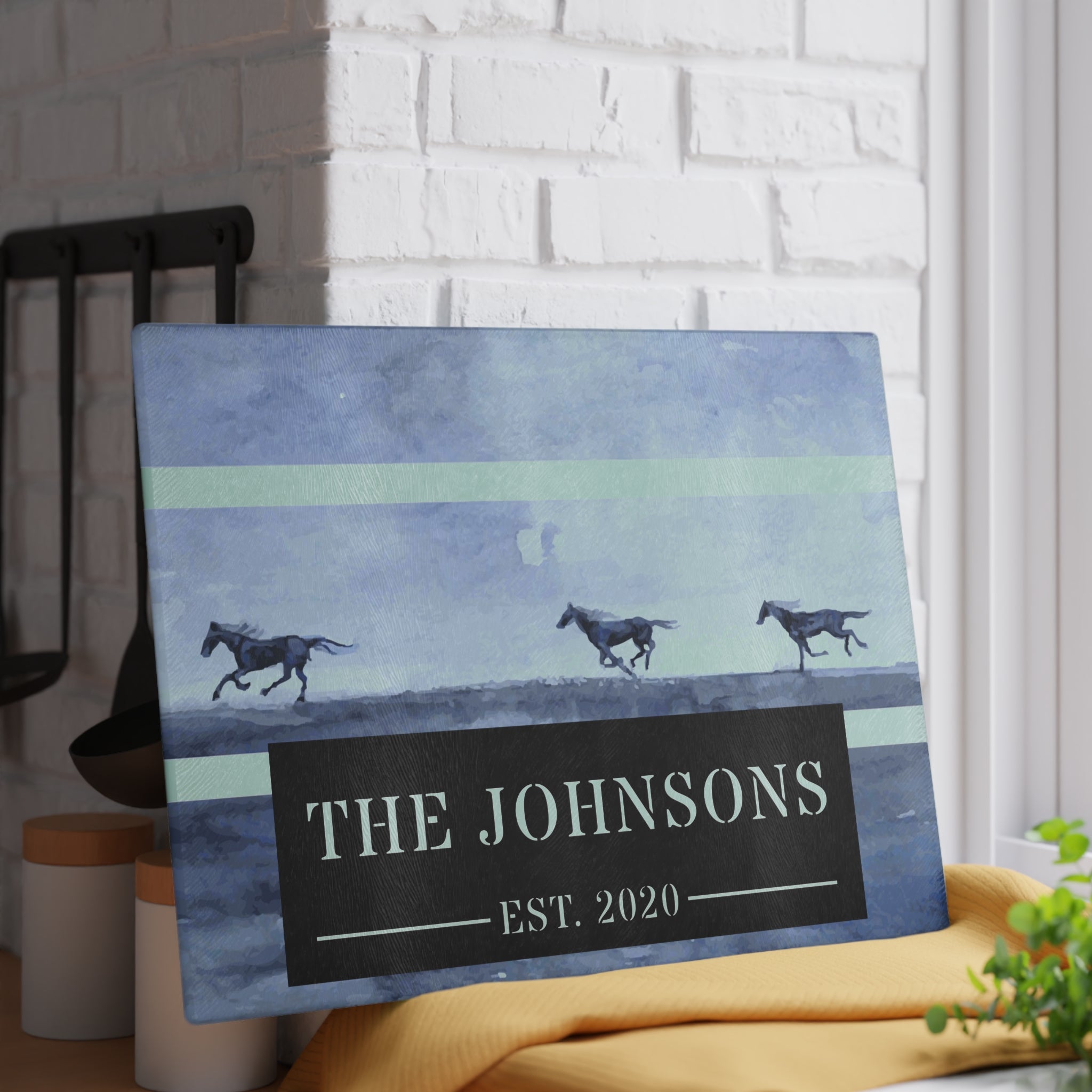 Personalized Wild Running Horses Glass Cutting Board – 20 Custom Designs, Tempered Glass, Housewarming, Wedding & Real Estate Gifts - Available in 2 Sizes: 8x11 & 11x15  - DESIGN 1