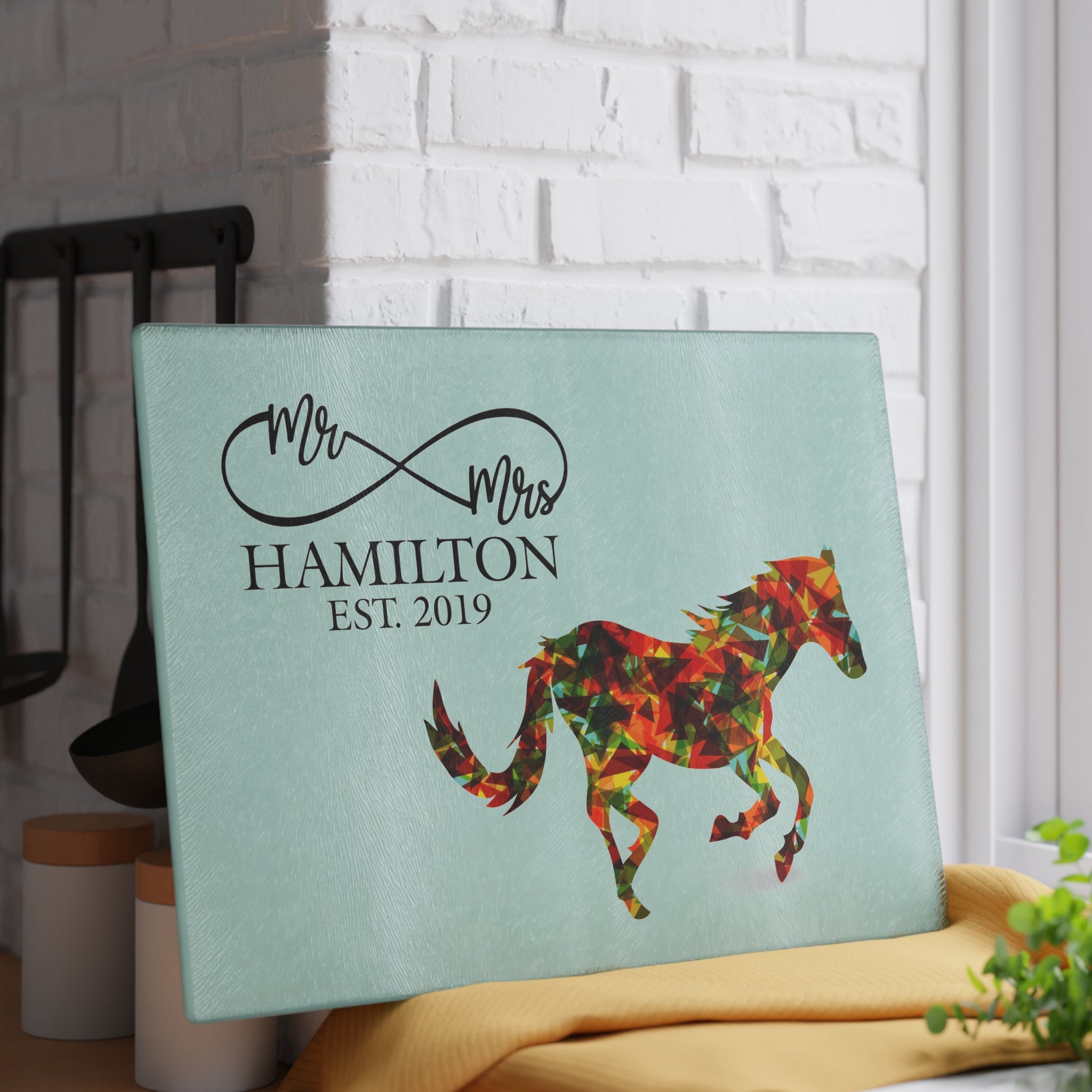 Personalized Wild Horse Glass Cutting Board – 20 Custom Designs, Tempered Glass, Housewarming, Wedding & Real Estate Gifts - Available in 2 Sizes: 8x11 & 11x15  - DESIGN 6