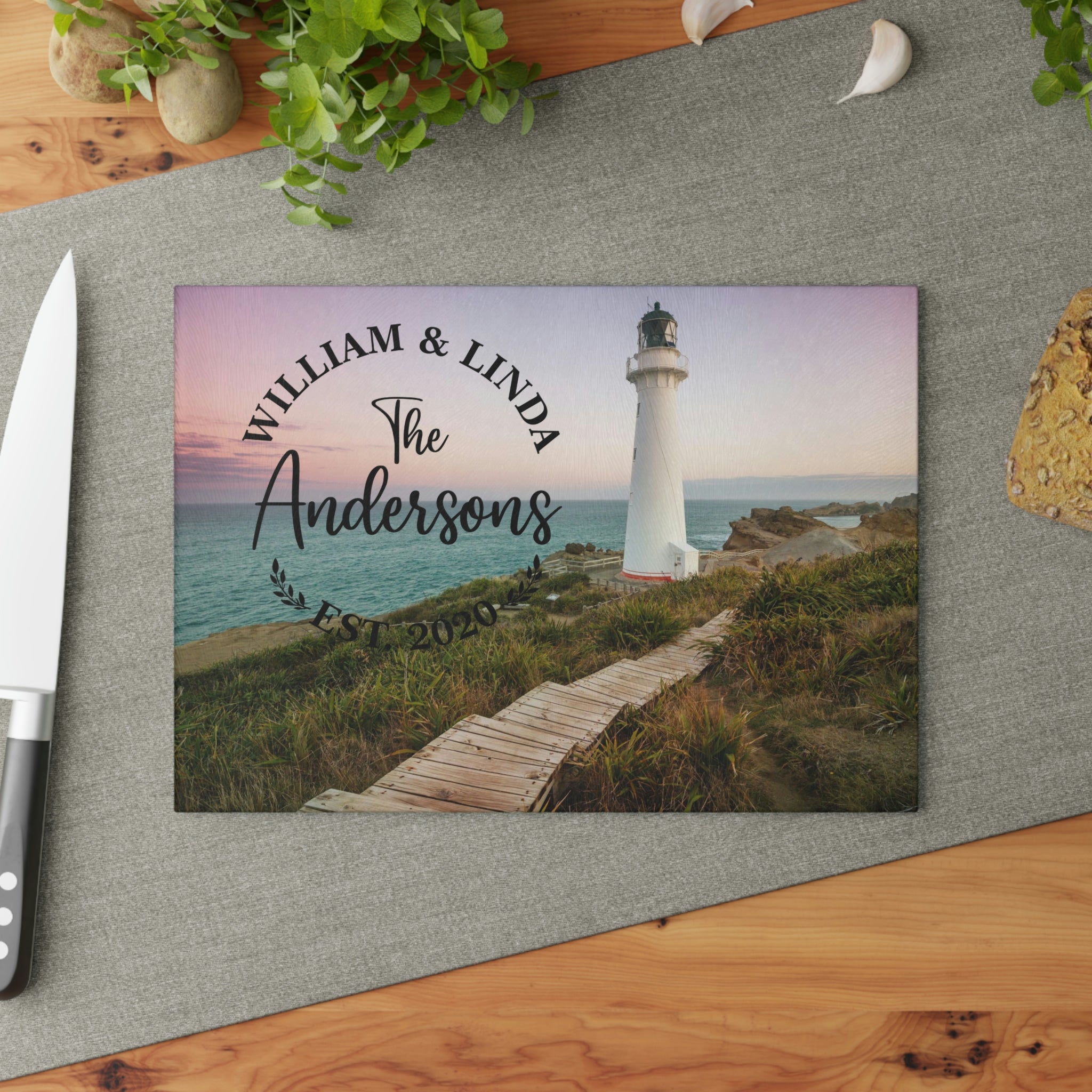 Personalized Lighthouse Boardwalk Glass Cutting Board – 20 Custom Designs, Tempered Glass, Housewarming, Wedding & Real Estate Gifts - Available in 2 Sizes: 8x11 & 11x15  - DESIGN 15