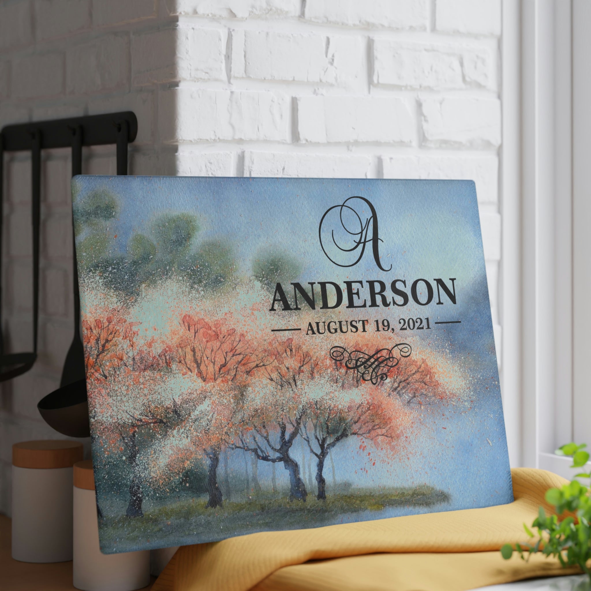 Personalized Cherry Blossom Trees Glass Cutting Board – 20 Custom Designs, Tempered Glass, Housewarming, Wedding & Real Estate Gifts - Available in 2 Sizes: 8x11 & 11x15  - DESIGN 4