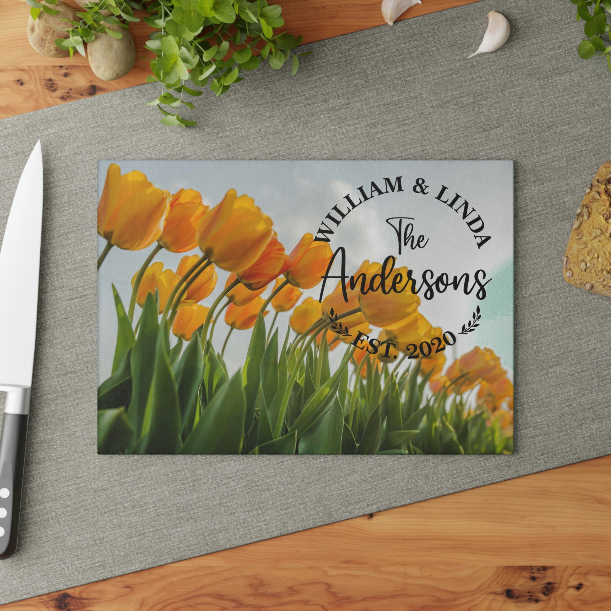 Personalized Orange Tulips Glass Cutting Board – 20 Custom Designs | Tempered Glass, Housewarming, Wedding & Real Estate Gifts | Available in 2 Sizes: 8x11 & 11x15 - DESIGN 18