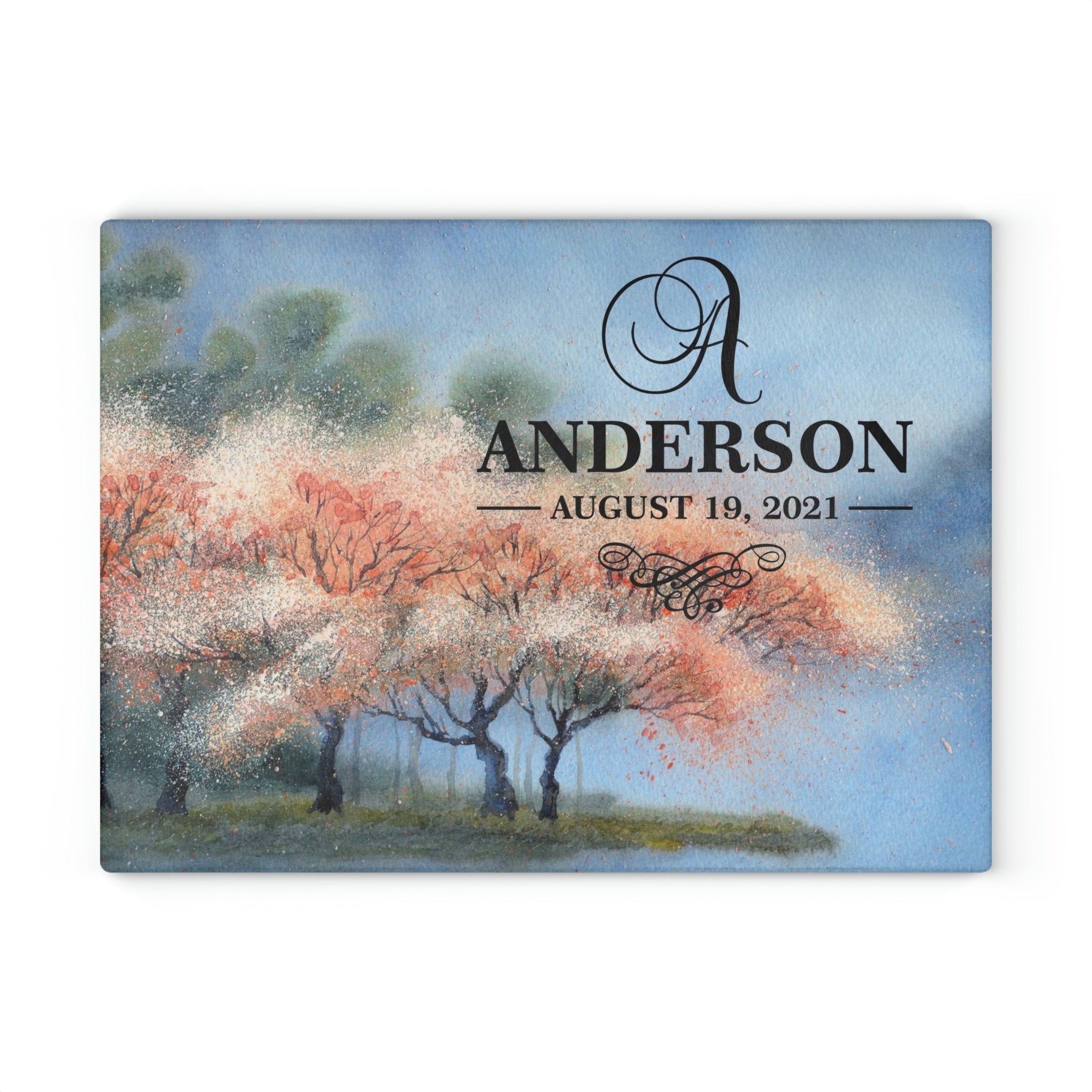 Personalized Cherry Blossom Trees Glass Cutting Board – 20 Custom Designs, Tempered Glass, Housewarming, Wedding & Real Estate Gifts - Available in 2 Sizes: 8x11 & 11x15  - DESIGN 4