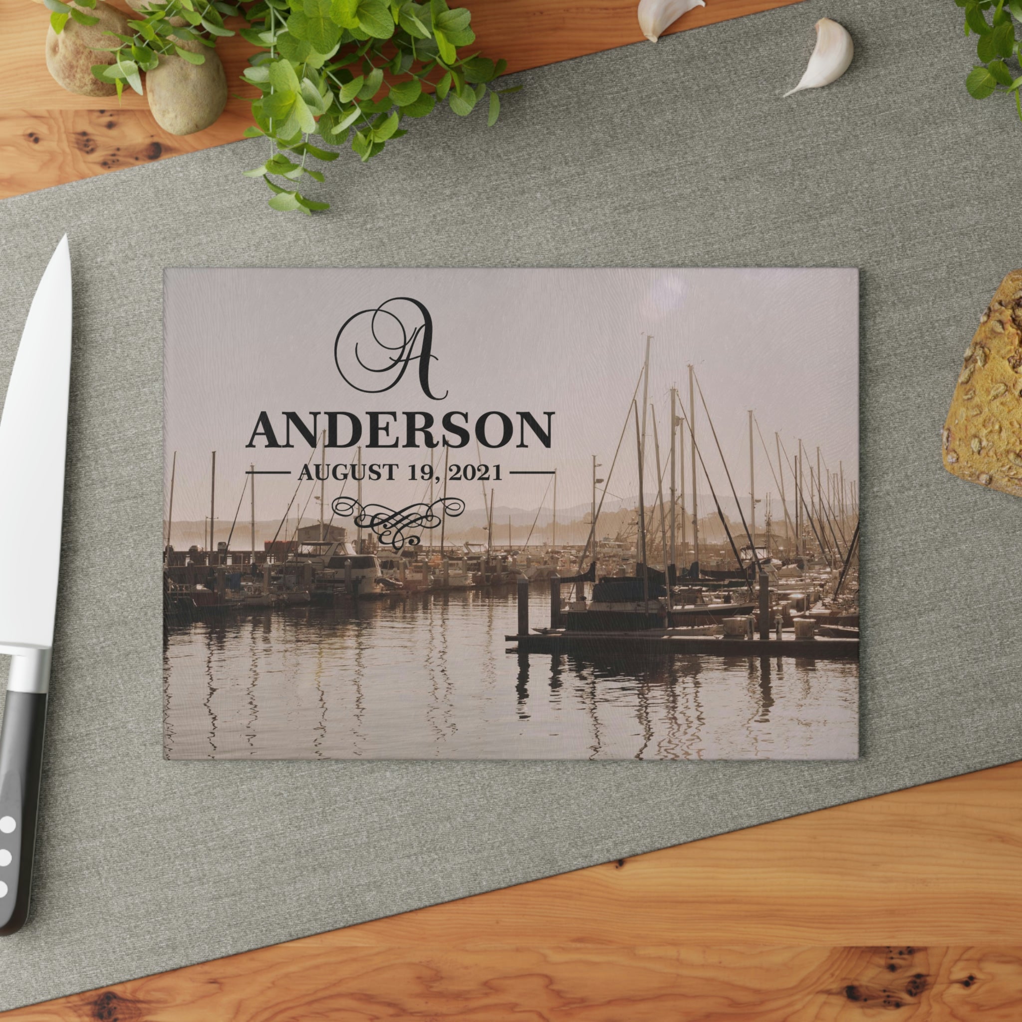 Personalized Sailboat Marina Glass Cutting Board – 20 Custom Designs, Tempered Glass, Housewarming, Wedding & Real Estate Gifts - Available in 2 Sizes: 8x11 & 11x15 - DESIGN 14