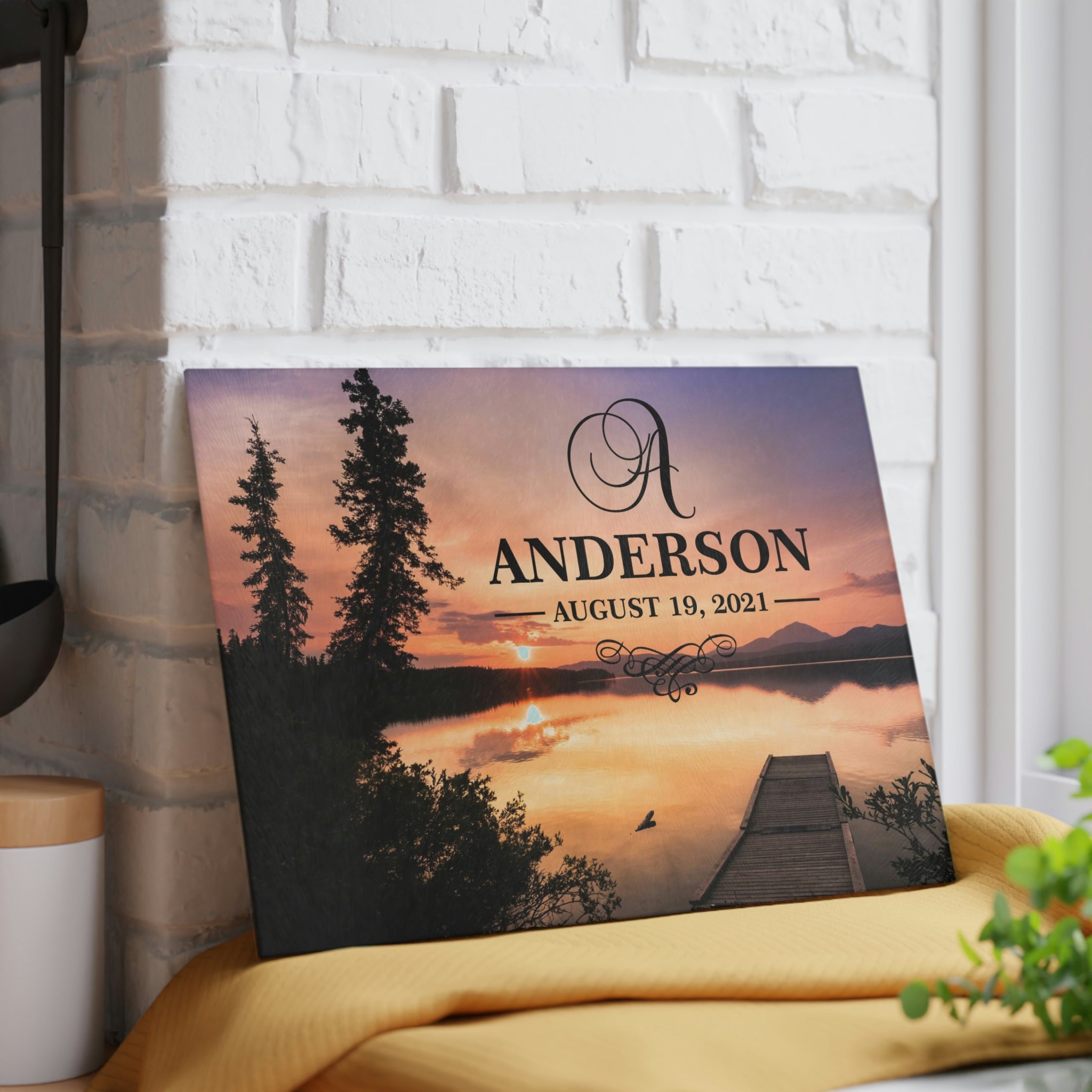 Personalized Lake Sunset Glass Cutting Board – 20 Custom Designs, Tempered Glass, Housewarming, Wedding & Real Estate Gifts - Available in 2 Sizes: 8x11 & 11x15  - DESIGN 10