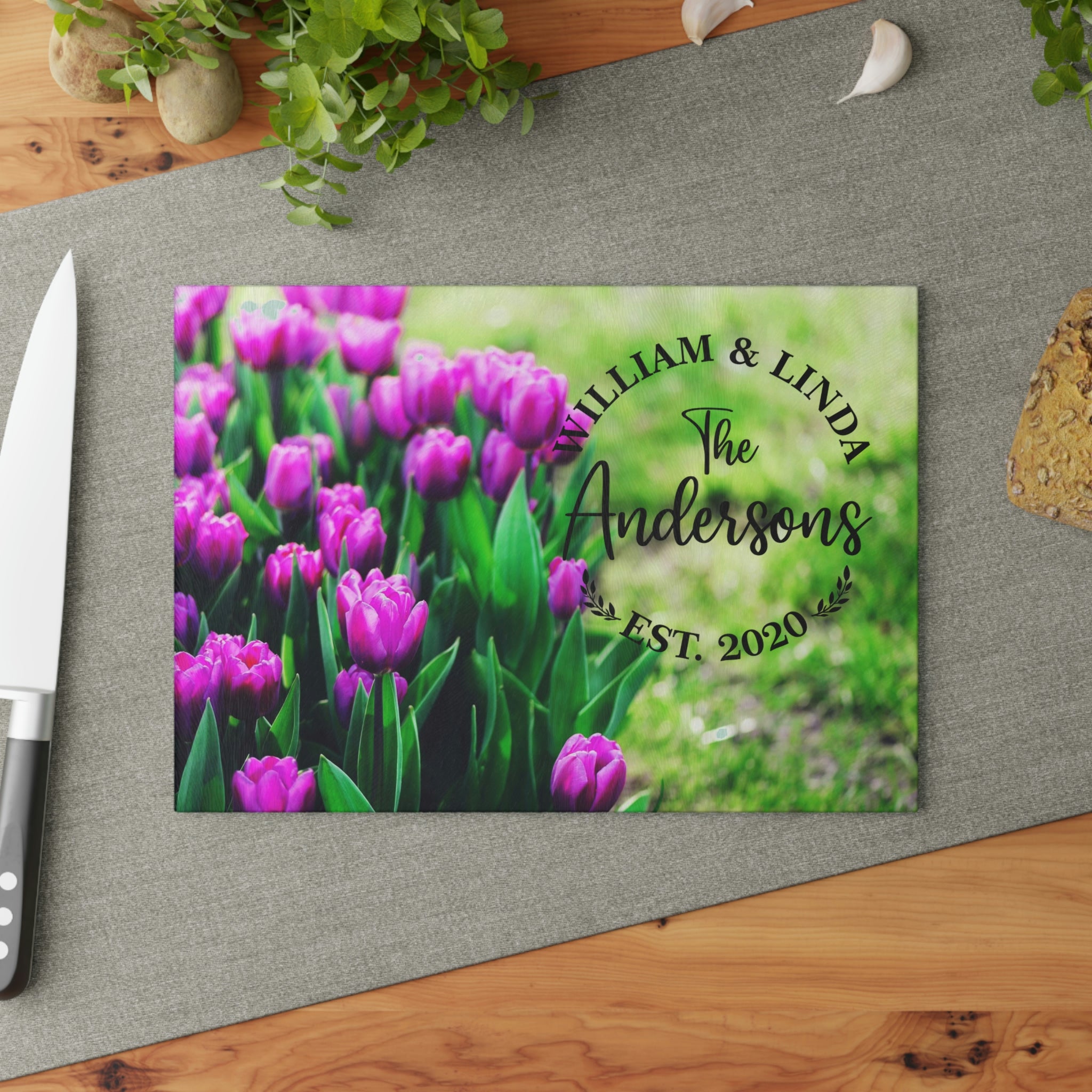 Personalized Purple Tulips Glass Cutting Board – 20 Custom Designs, Tempered Glass, Housewarming, Wedding & Real Estate Gifts - Available in 2 Sizes: 8x11 & 11x15  - DESIGN 19