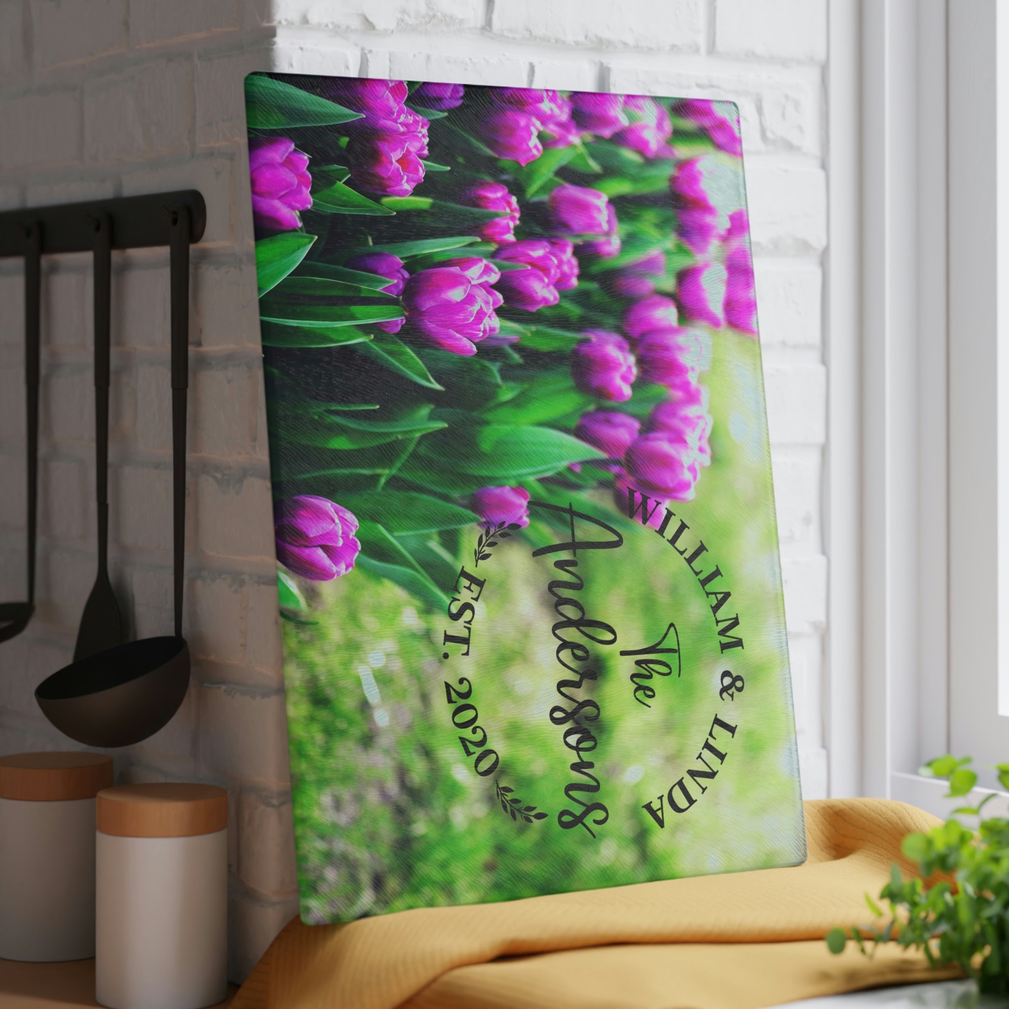 Personalized Purple Tulips Glass Cutting Board – 20 Custom Designs, Tempered Glass, Housewarming, Wedding & Real Estate Gifts - Available in 2 Sizes: 8x11 & 11x15  - DESIGN 19