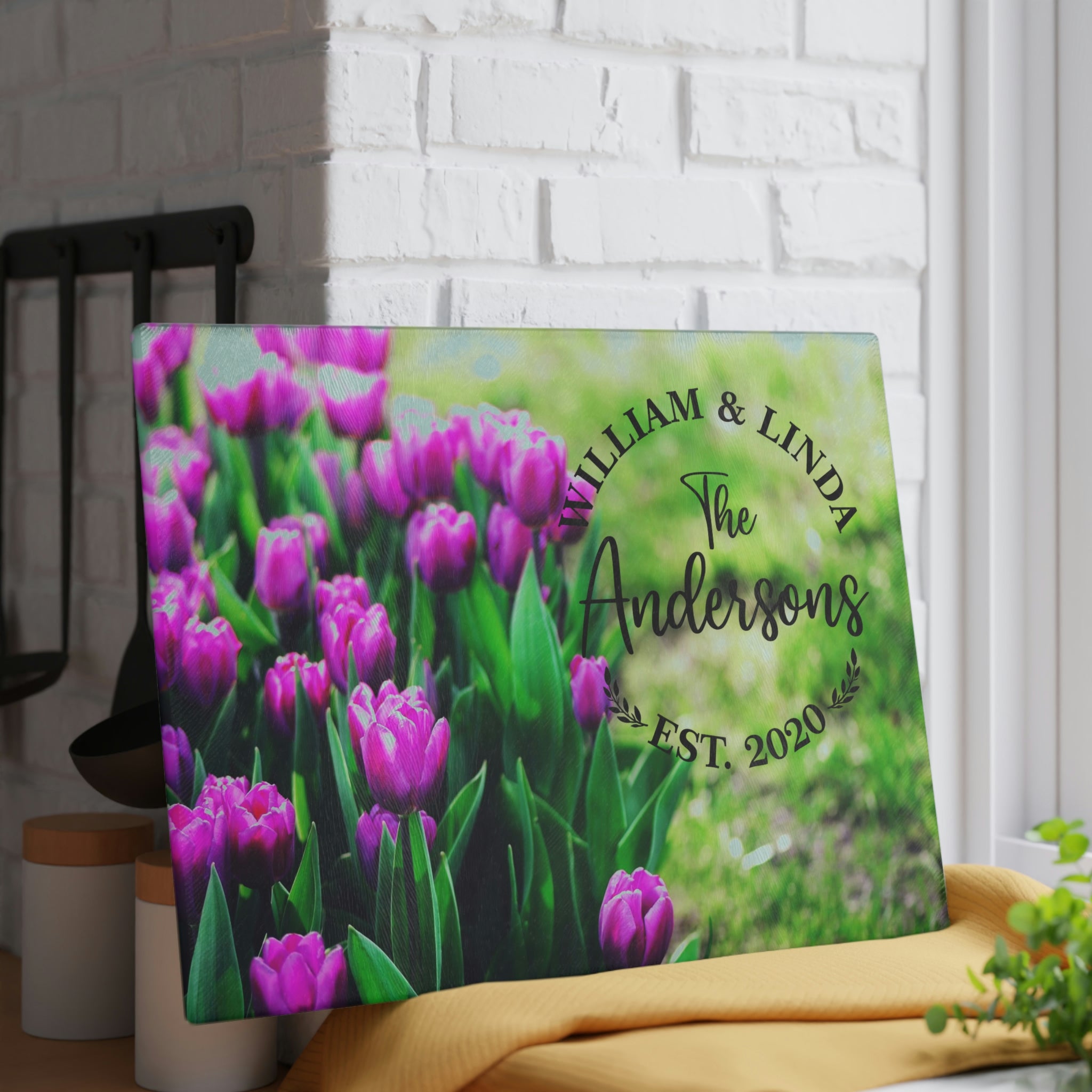 Personalized Purple Tulips Glass Cutting Board – 20 Custom Designs, Tempered Glass, Housewarming, Wedding & Real Estate Gifts - Available in 2 Sizes: 8x11 & 11x15  - DESIGN 19