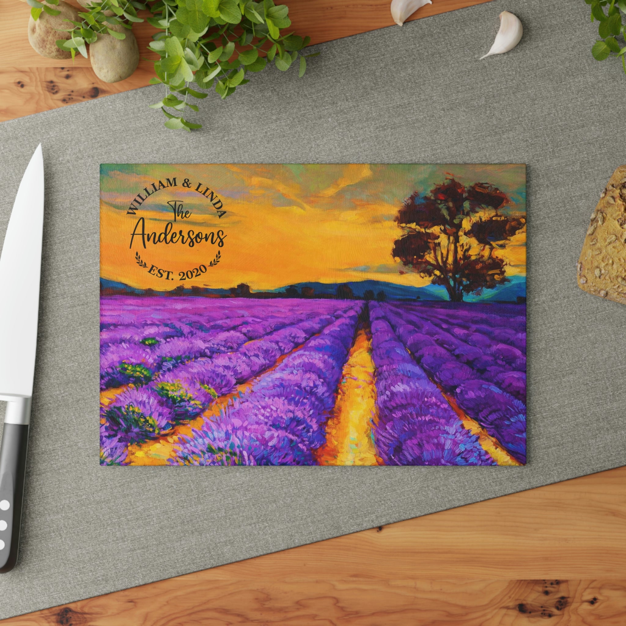 Personalized Lavender Fields Glass Cutting Board – 20 Custom Designs, Tempered Glass, Housewarming, Wedding & Real Estate Gifts - Available in 2 Sizes: 8x11 & 11x15  - DESIGN 2