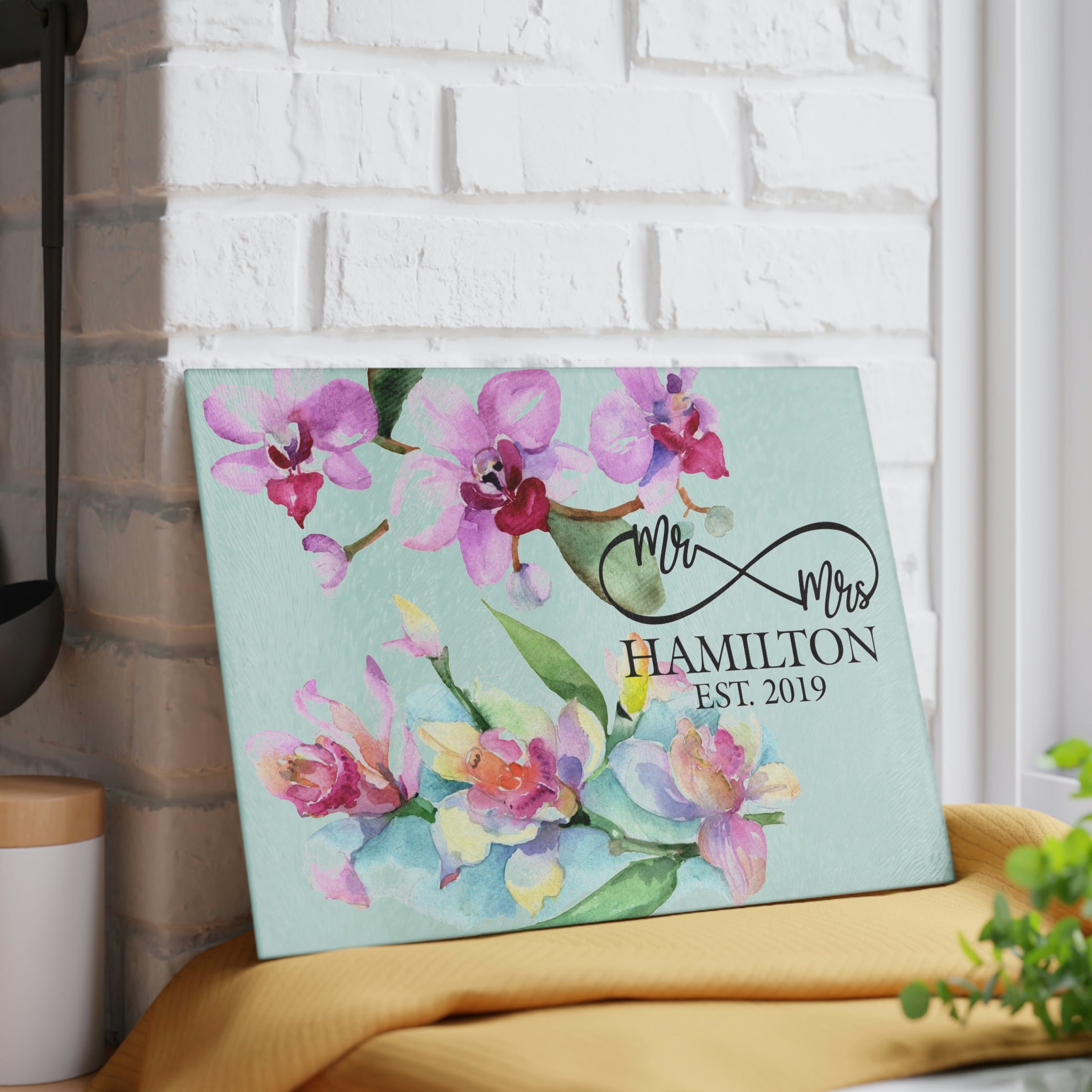 Personalized Lilly Flowers Glass Cutting Board – 20 Custom Designs, Tempered Glass, Housewarming, Wedding & Real Estate Gifts - Available in 2 Sizes: 8x11 & 11x15  - DESIGN 7