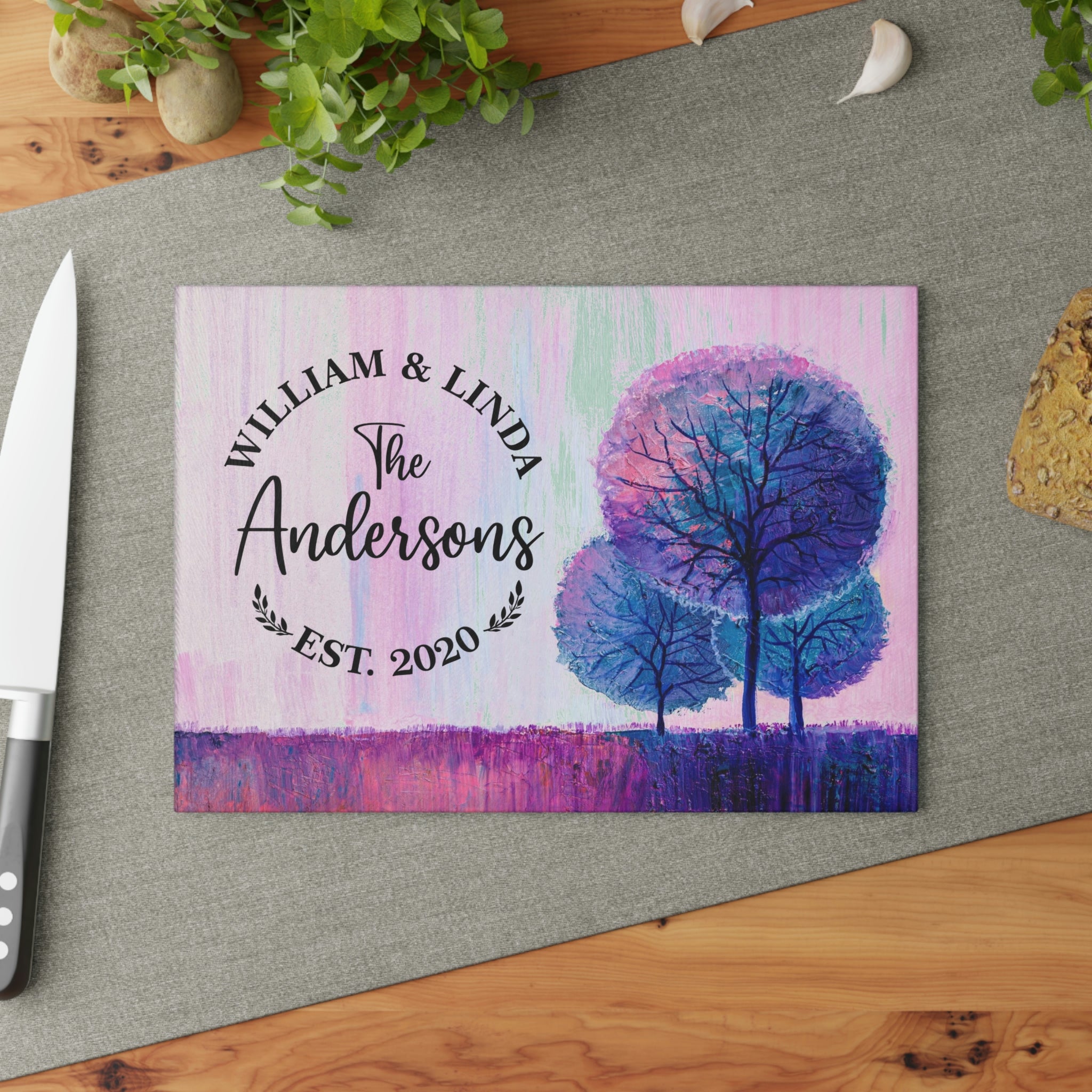 Personalized Purple Trees Glass Cutting Board – 20 Custom Designs, Tempered Glass, Housewarming, Wedding & Real Estate Gifts - Available in 2 Sizes: 8x11 & 11x15  - DESIGN 5