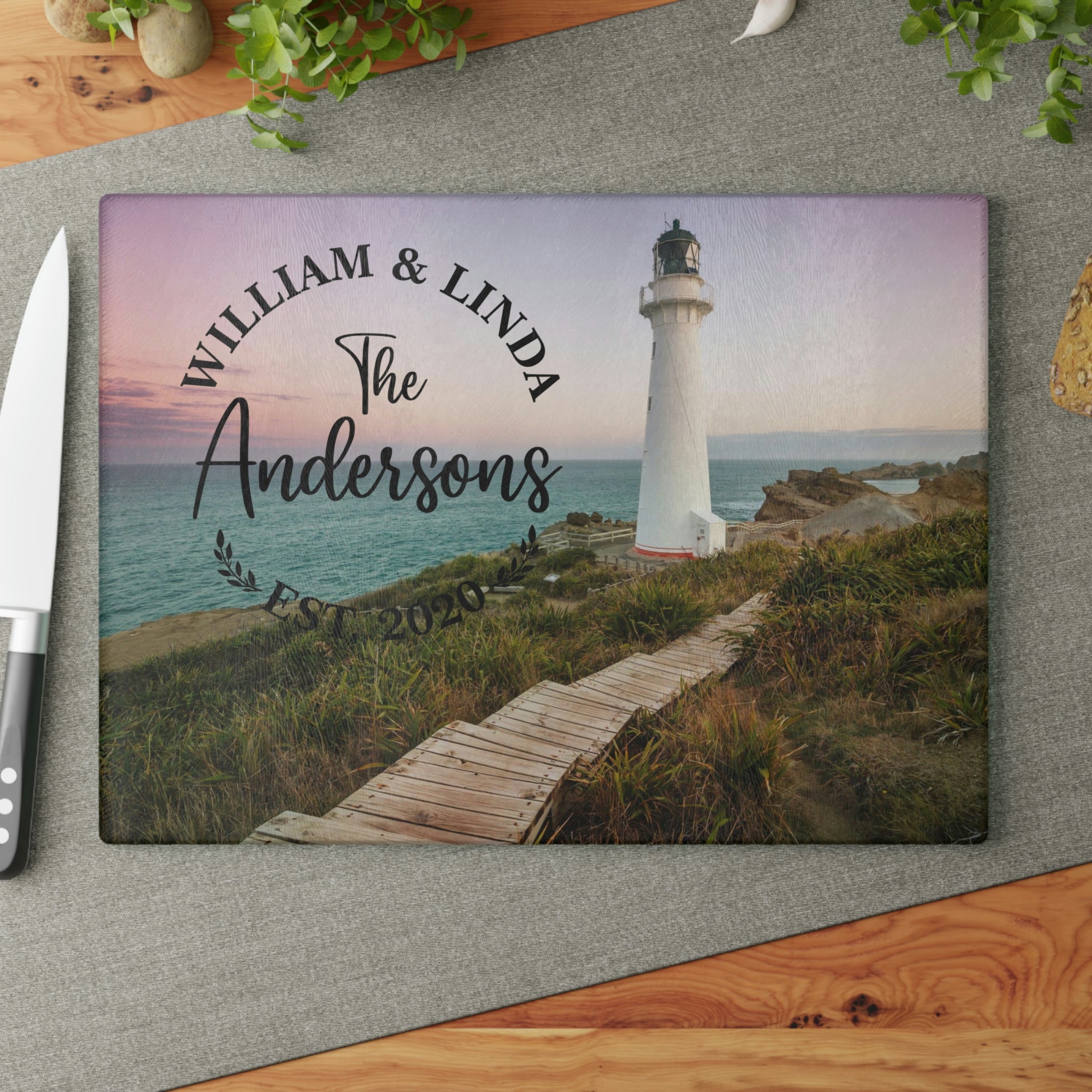 Personalized Lighthouse Boardwalk Glass Cutting Board – 20 Custom Designs, Tempered Glass, Housewarming, Wedding & Real Estate Gifts - Available in 2 Sizes: 8x11 & 11x15  - DESIGN 15