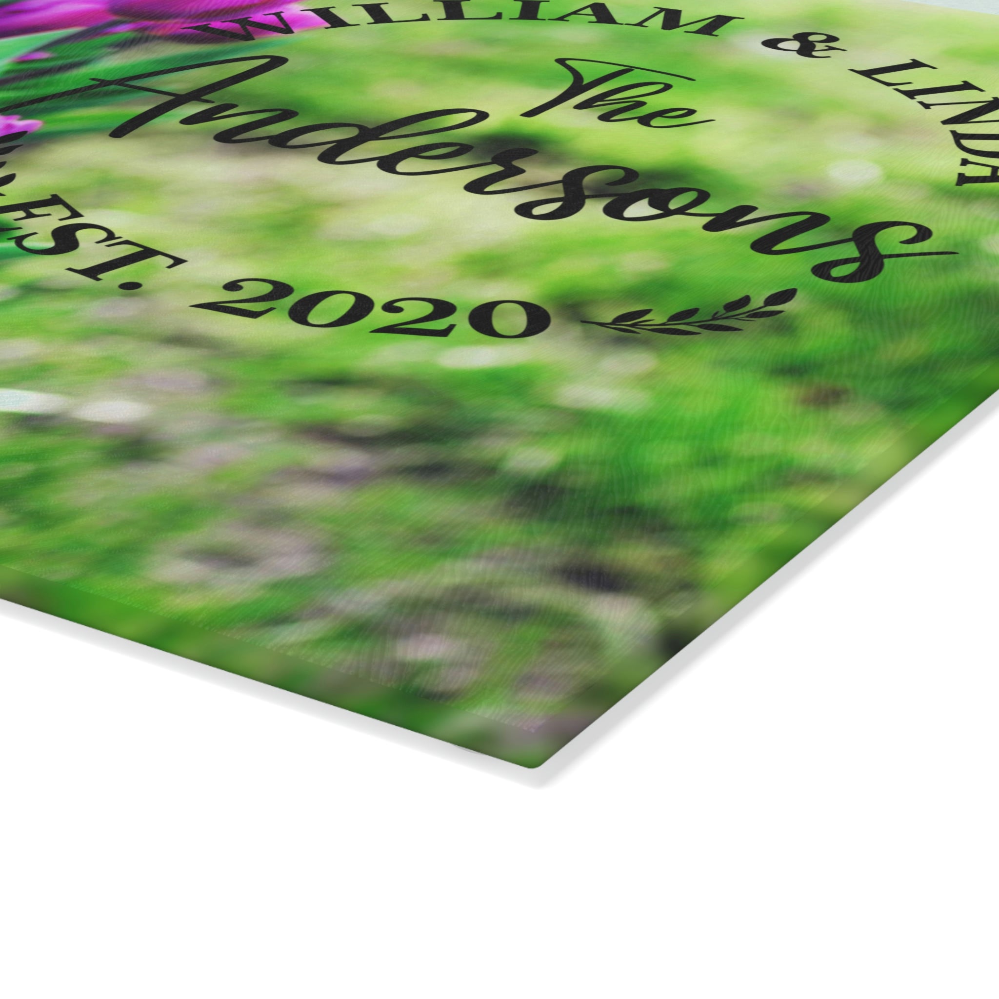 Personalized Purple Tulips Glass Cutting Board – 20 Custom Designs, Tempered Glass, Housewarming, Wedding & Real Estate Gifts - Available in 2 Sizes: 8x11 & 11x15  - DESIGN 19