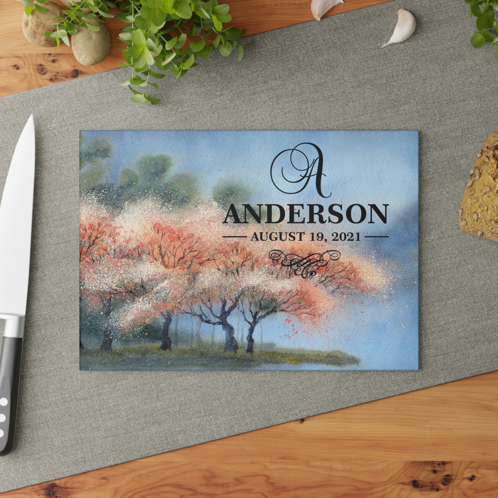 Personalized Cherry Blossom Trees Glass Cutting Board – 20 Custom Designs, Tempered Glass, Housewarming, Wedding & Real Estate Gifts - Available in 2 Sizes: 8x11 & 11x15  - DESIGN 4