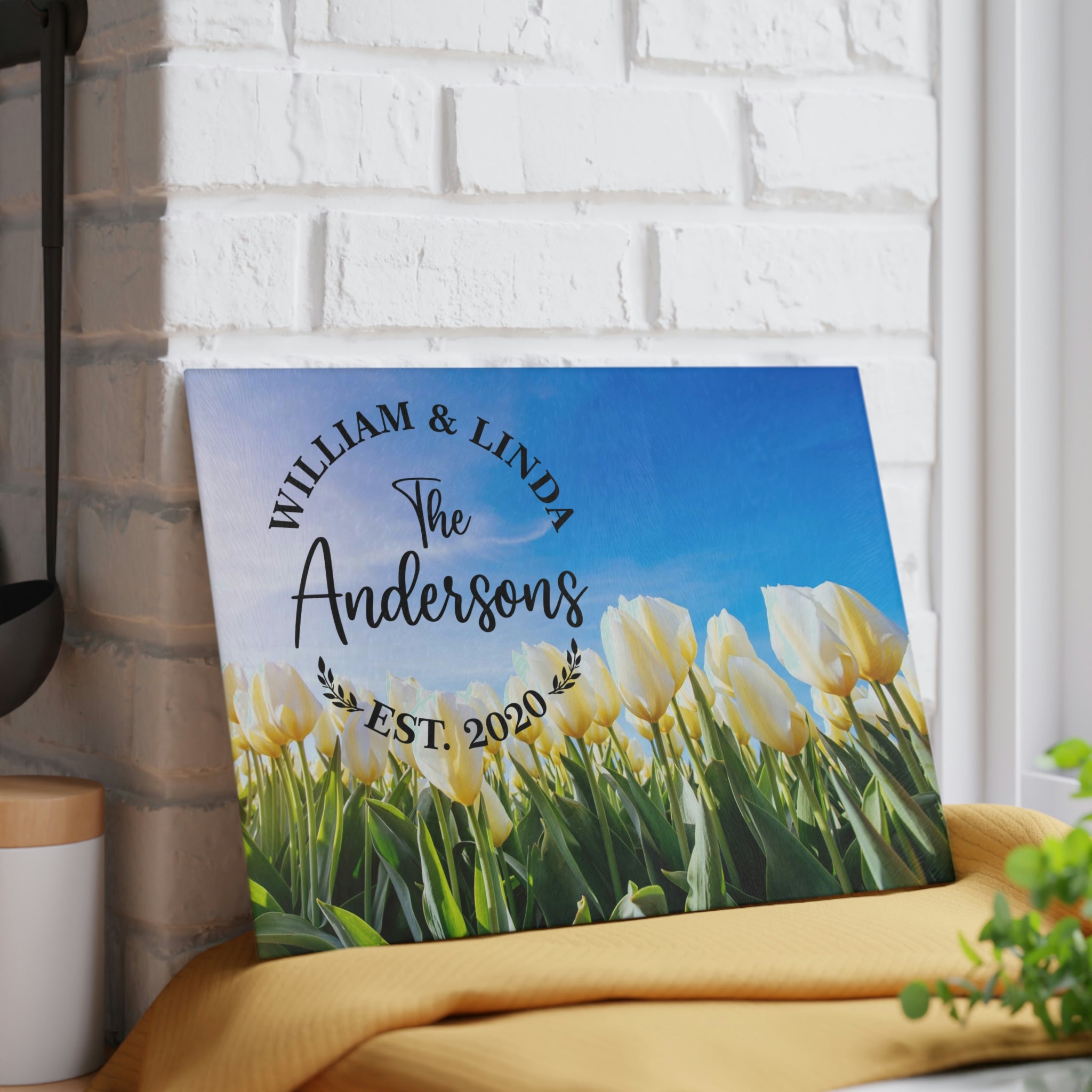 Personalized Yellow Tulips Glass Cutting Board – 20 Custom Designs | Tempered Glass, Housewarming, Wedding & Real Estate Gifts | Available in 2 Sizes: 8x11 & 11x15 - DESIGN 20