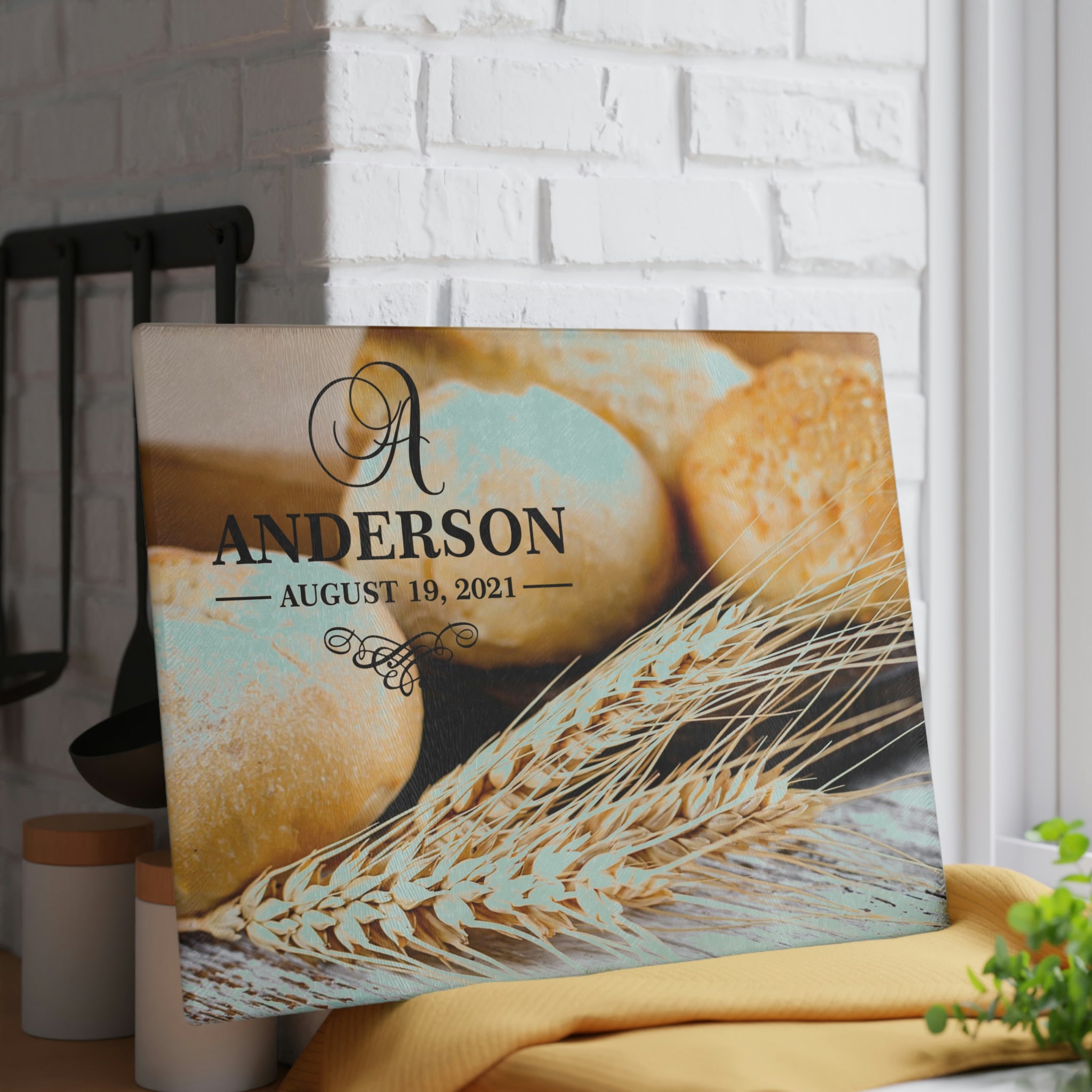 Personalized Bread Wheat Glass Cutting Board – 20 Custom Designs, Tempered Glass, Housewarming, Wedding & Real Estate Gifts - Available in 2 Sizes: 8x11 & 11x15 - DESIGN 16