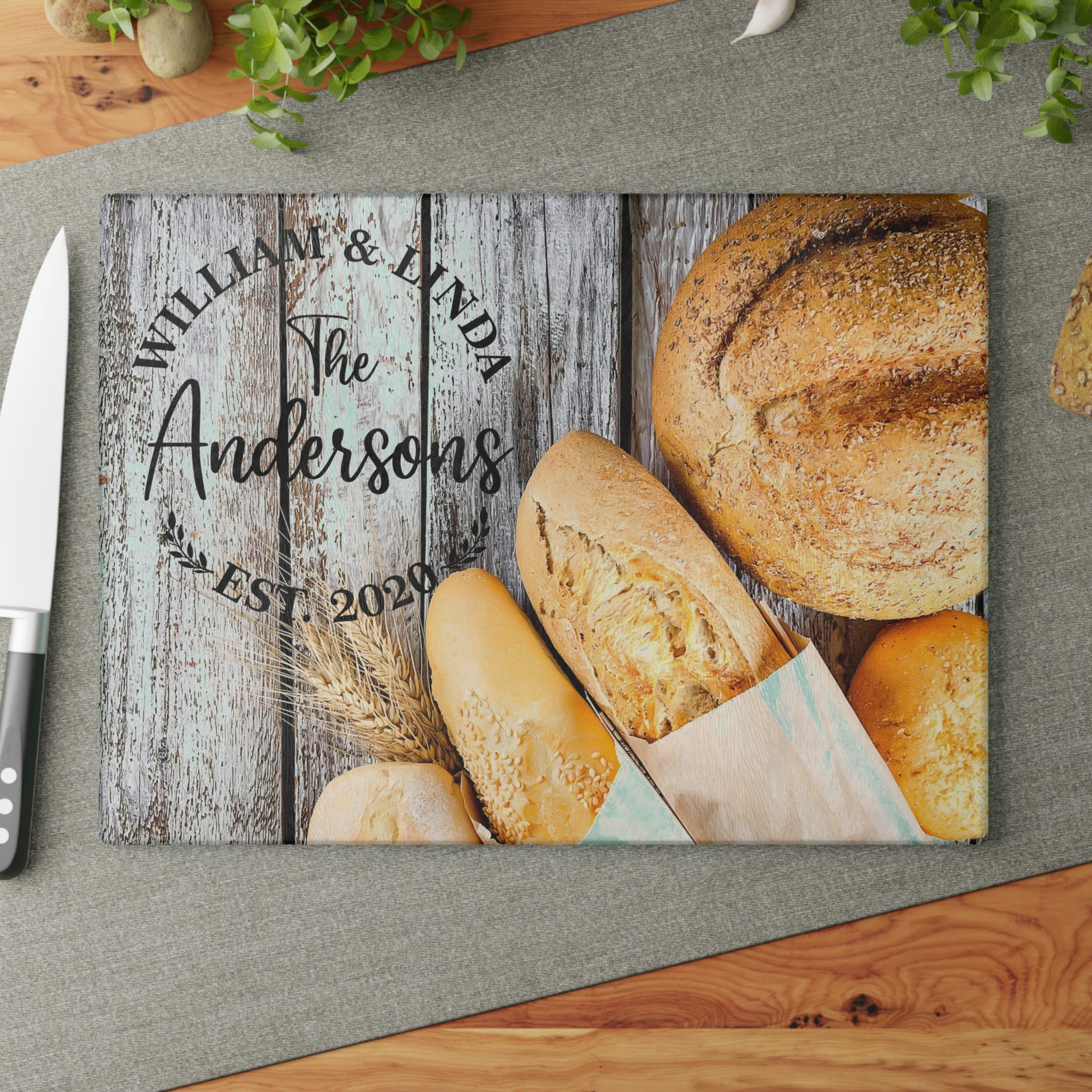 Personalized Bread Loaves Glass Cutting Board – 20 Custom Designs, Tempered Glass, Housewarming, Wedding & Real Estate Gifts - Available in 2 Sizes: 8x11 & 11x15  - DESIGN 17