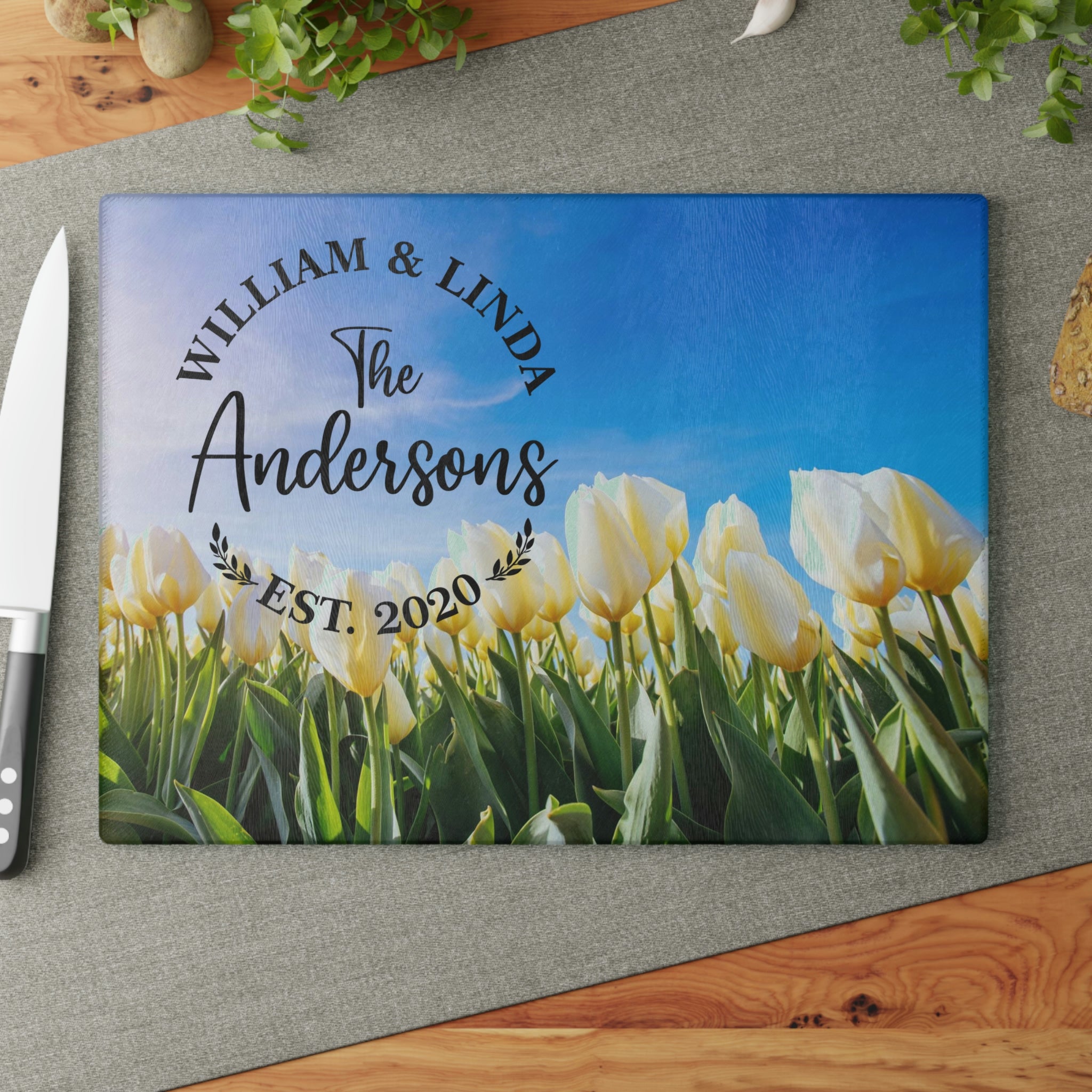 Personalized Yellow Tulips Glass Cutting Board – 20 Custom Designs | Tempered Glass, Housewarming, Wedding & Real Estate Gifts | Available in 2 Sizes: 8x11 & 11x15 - DESIGN 20