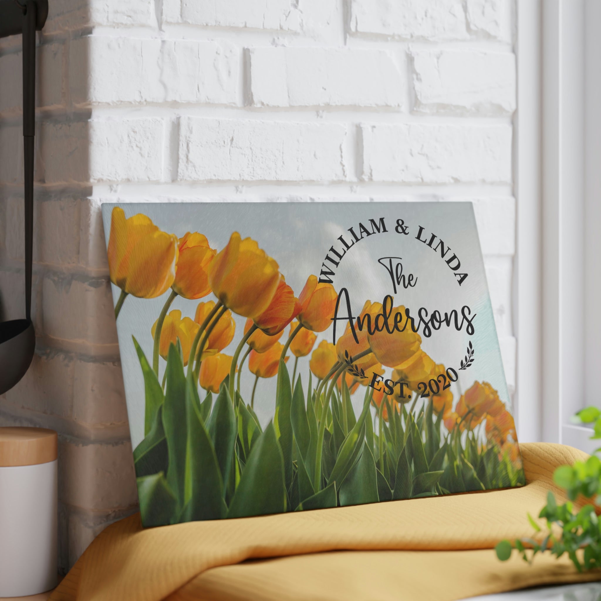 Personalized Orange Tulips Glass Cutting Board – 20 Custom Designs | Tempered Glass, Housewarming, Wedding & Real Estate Gifts | Available in 2 Sizes: 8x11 & 11x15 - DESIGN 18