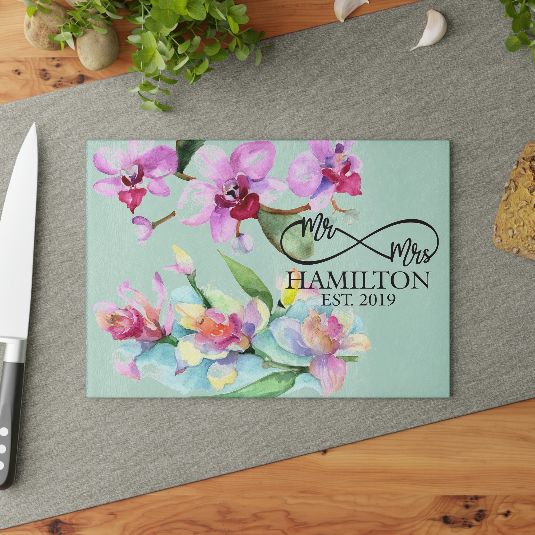 Personalized Lilly Flowers Glass Cutting Board – 20 Custom Designs, Tempered Glass, Housewarming, Wedding & Real Estate Gifts - Available in 2 Sizes: 8x11 & 11x15  - DESIGN 7