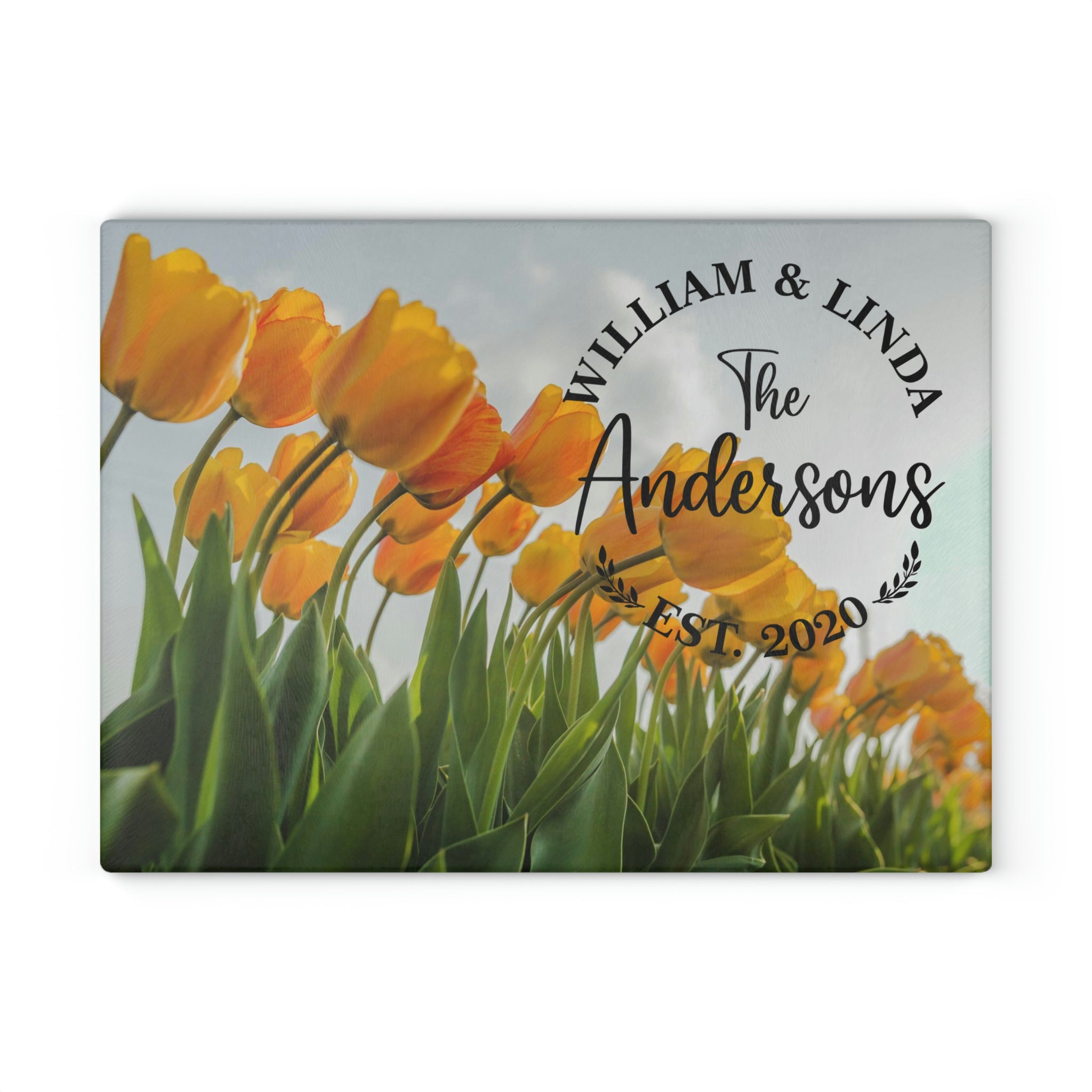 Personalized Orange Tulips Glass Cutting Board – 20 Custom Designs | Tempered Glass, Housewarming, Wedding & Real Estate Gifts | Available in 2 Sizes: 8x11 & 11x15 - DESIGN 18