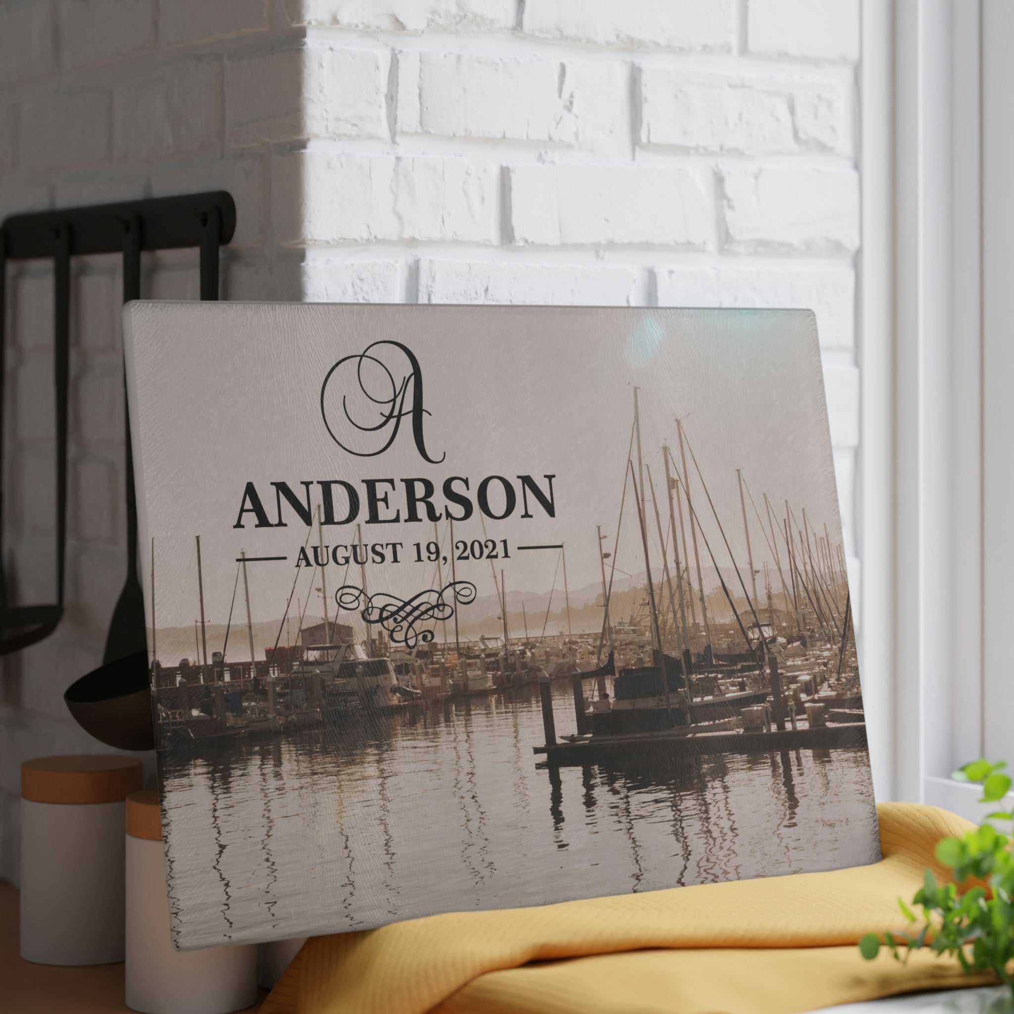 Personalized Sailboat Marina Glass Cutting Board – 20 Custom Designs, Tempered Glass, Housewarming, Wedding & Real Estate Gifts - Available in 2 Sizes: 8x11 & 11x15 - DESIGN 14