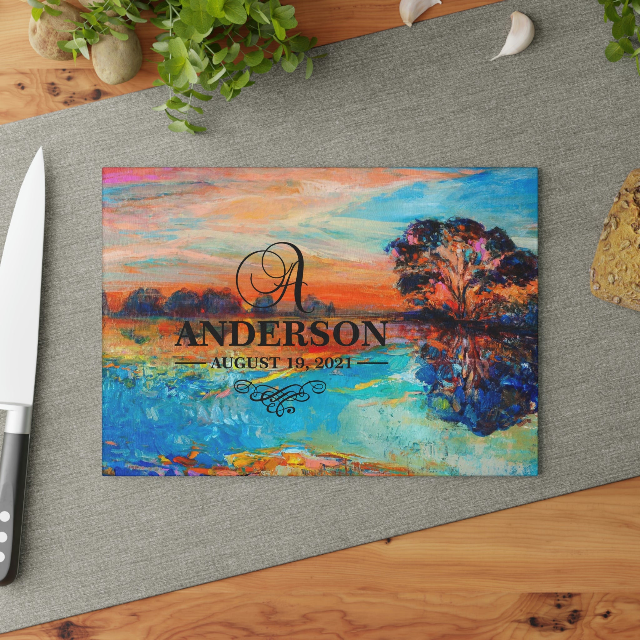 Personalized Lake Tree Sunrise Glass Cutting Board – 20 Custom Designs, Tempered Glass, Housewarming, Wedding & Real Estate Gifts - Available in 2 Sizes: 8x11 & 11x15 - DESIGN 3