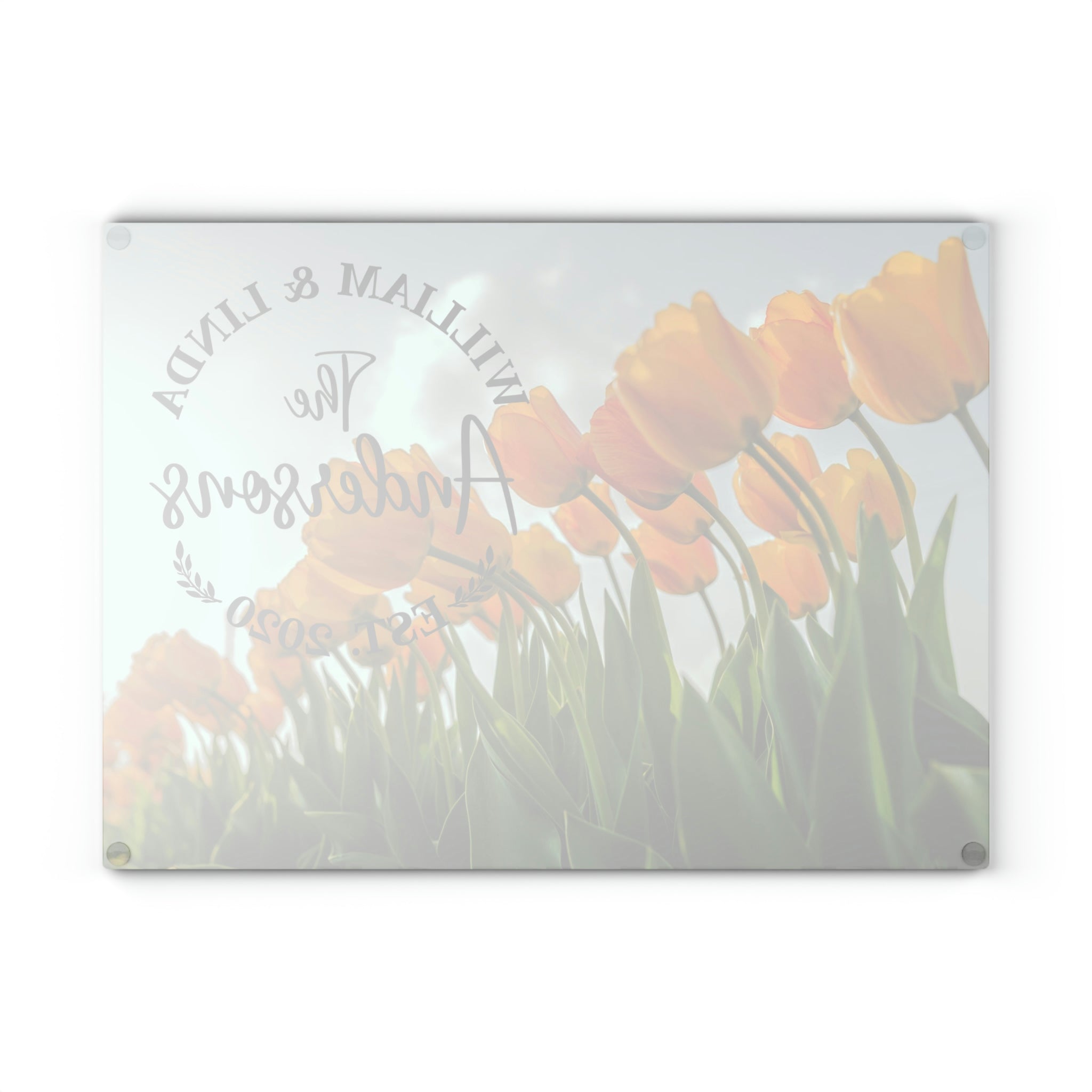 Personalized Orange Tulips Glass Cutting Board – 20 Custom Designs | Tempered Glass, Housewarming, Wedding & Real Estate Gifts | Available in 2 Sizes: 8x11 & 11x15 - DESIGN 18