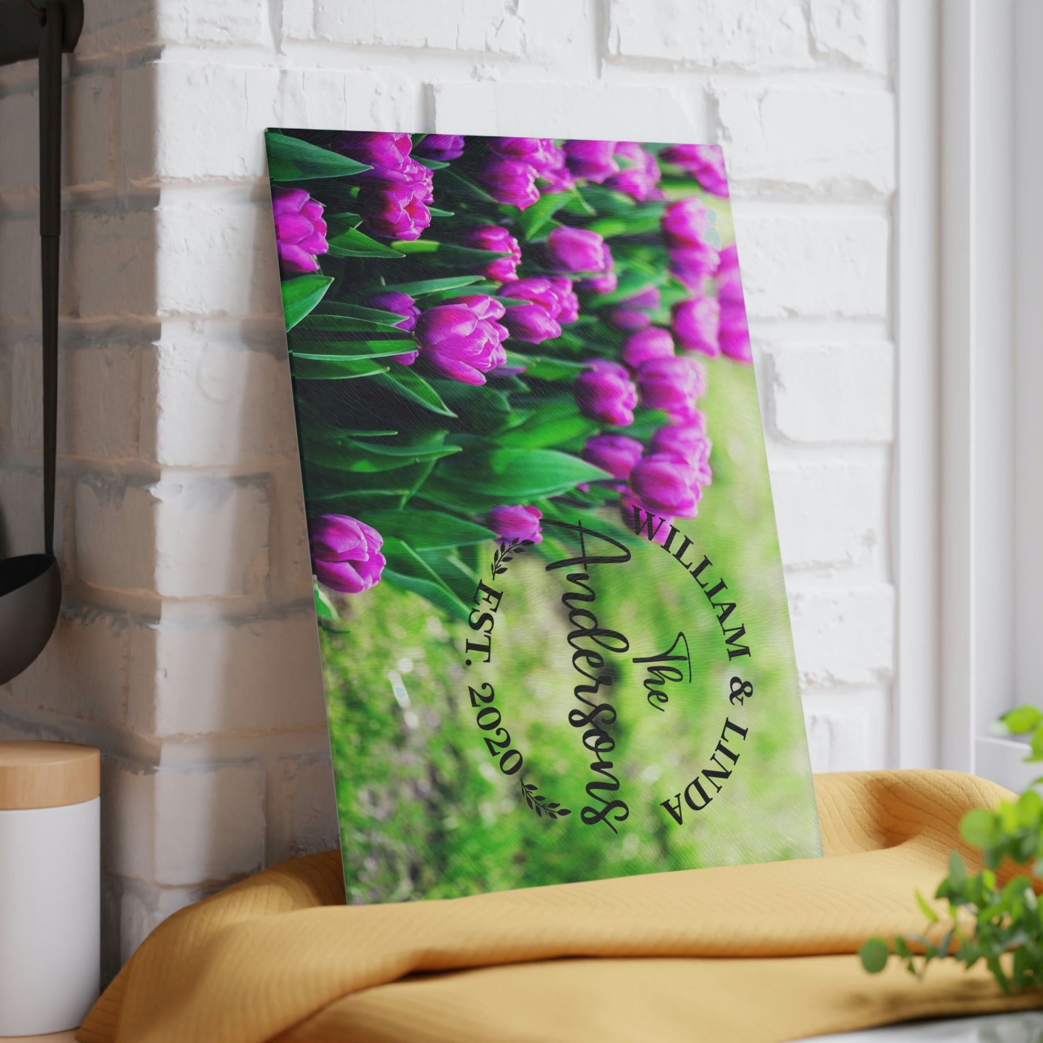 Personalized Purple Tulips Glass Cutting Board – 20 Custom Designs, Tempered Glass, Housewarming, Wedding & Real Estate Gifts - Available in 2 Sizes: 8x11 & 11x15  - DESIGN 19