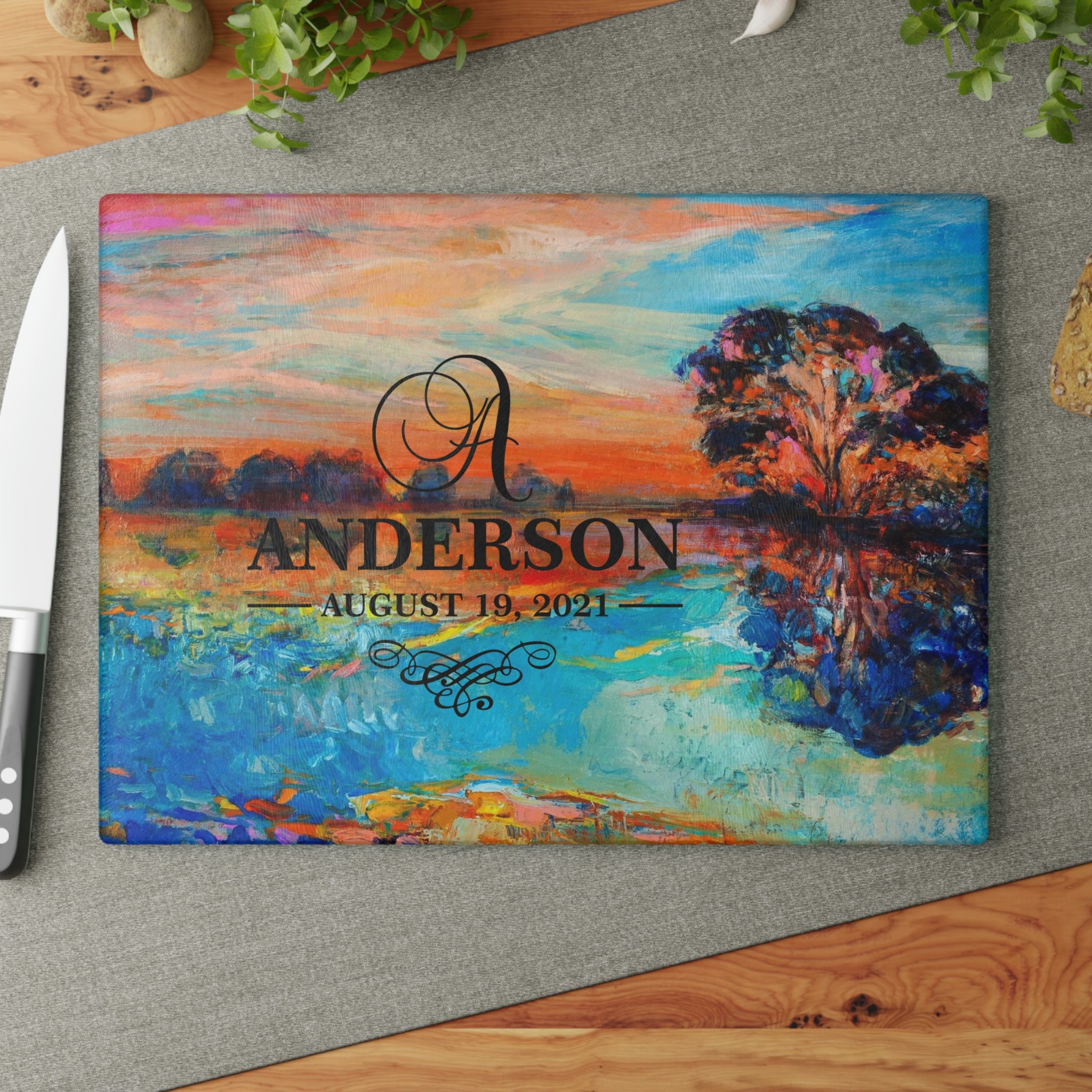 Personalized Lake Tree Sunrise Glass Cutting Board – 20 Custom Designs, Tempered Glass, Housewarming, Wedding & Real Estate Gifts - Available in 2 Sizes: 8x11 & 11x15 - DESIGN 3