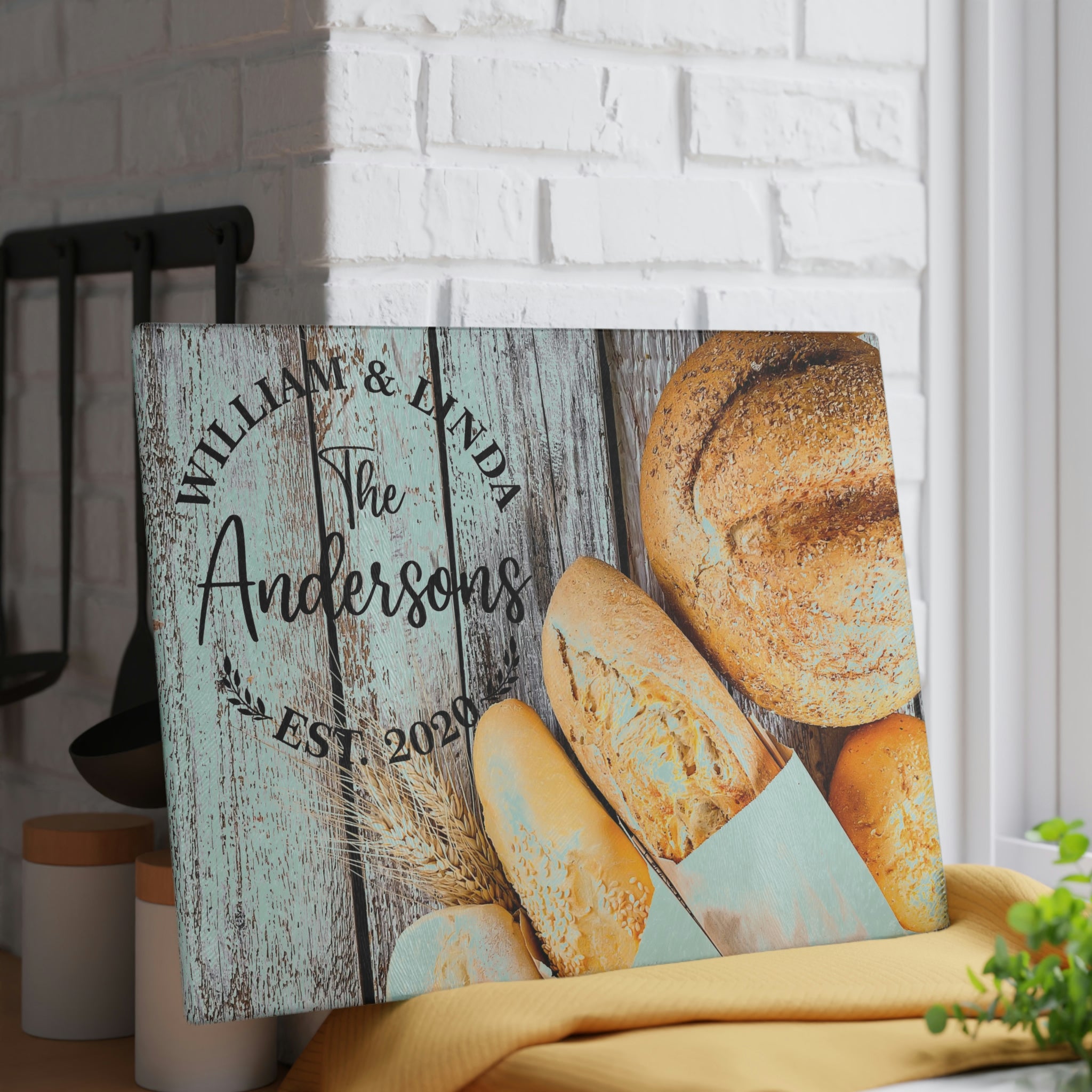 Personalized Bread Loaves Glass Cutting Board – 20 Custom Designs, Tempered Glass, Housewarming, Wedding & Real Estate Gifts - Available in 2 Sizes: 8x11 & 11x15  - DESIGN 17