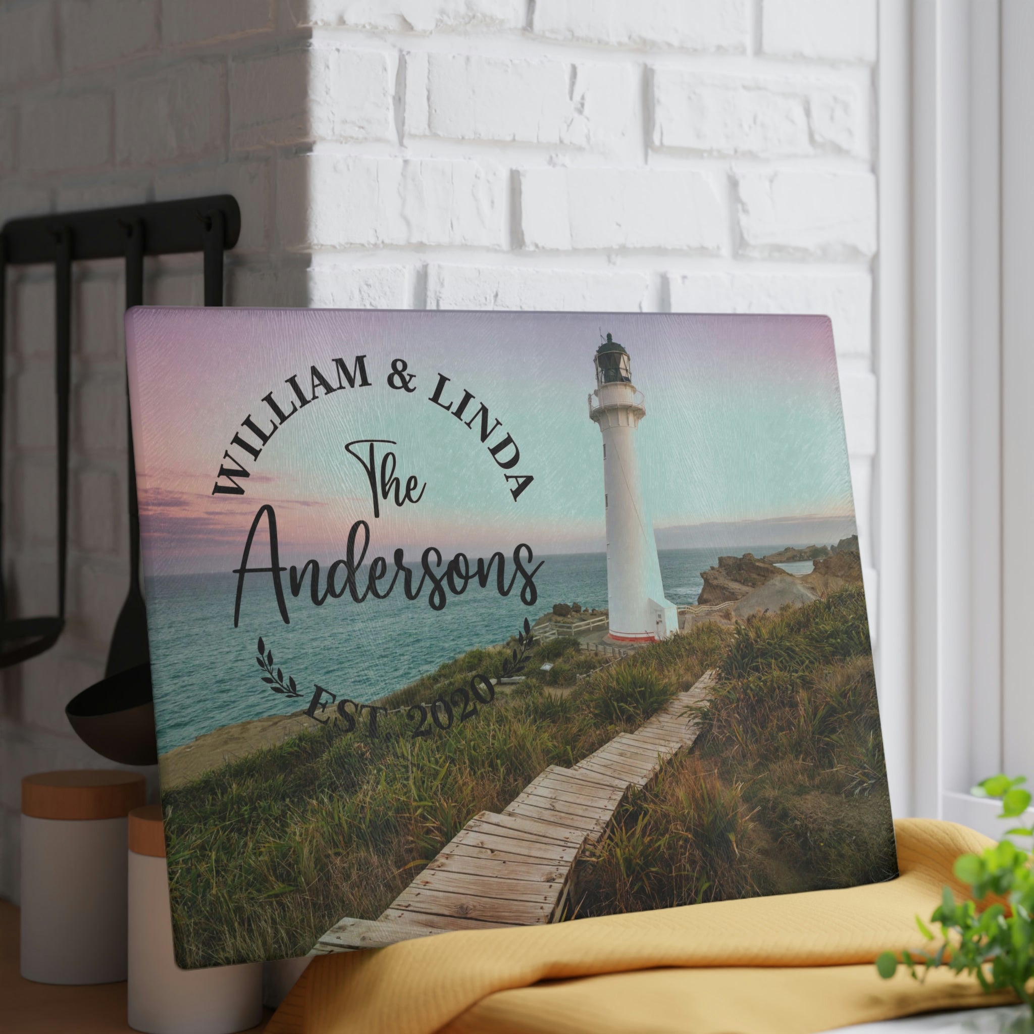 Personalized Lighthouse Boardwalk Glass Cutting Board – 20 Custom Designs, Tempered Glass, Housewarming, Wedding & Real Estate Gifts - Available in 2 Sizes: 8x11 & 11x15  - DESIGN 15