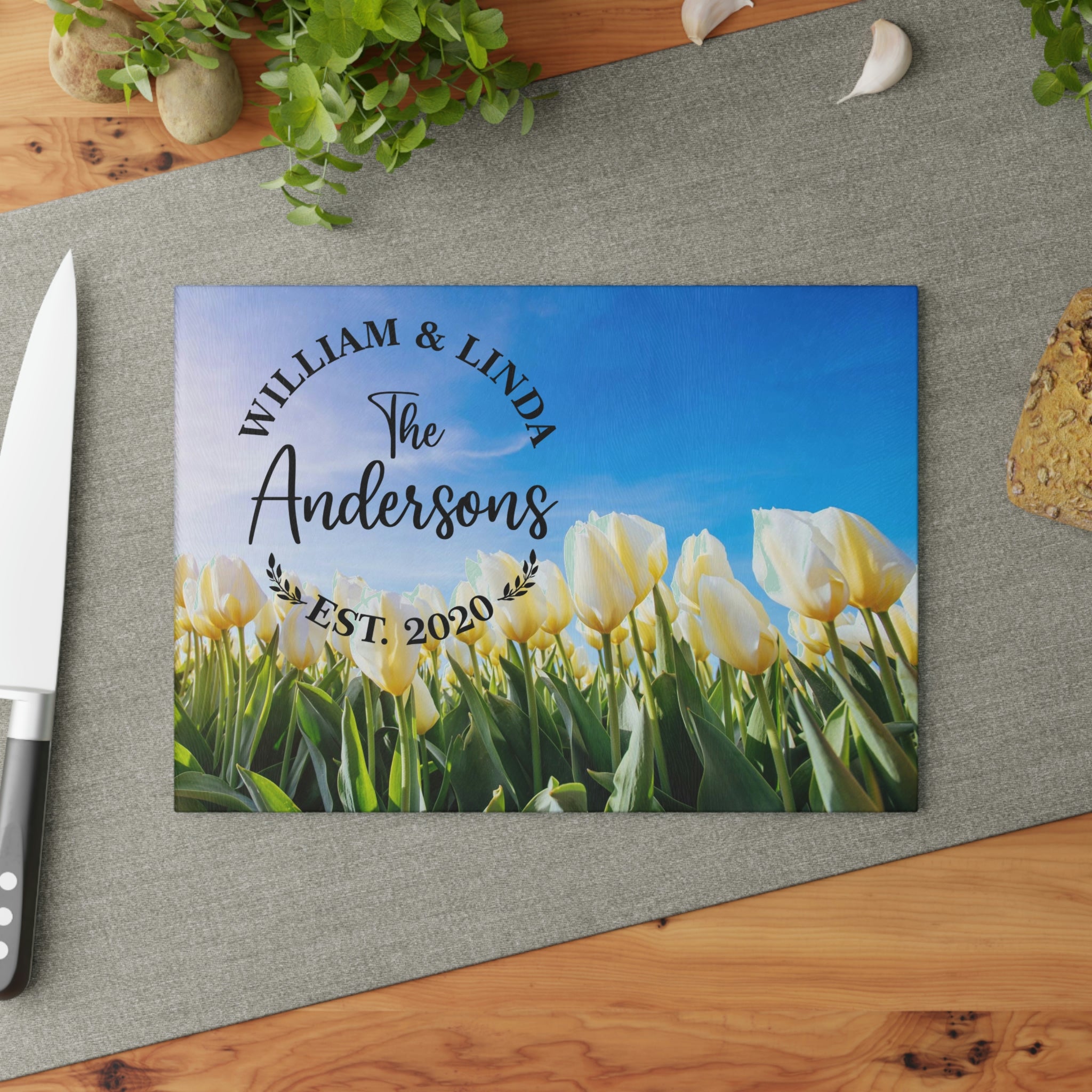 Personalized Yellow Tulips Glass Cutting Board – 20 Custom Designs | Tempered Glass, Housewarming, Wedding & Real Estate Gifts | Available in 2 Sizes: 8x11 & 11x15 - DESIGN 20