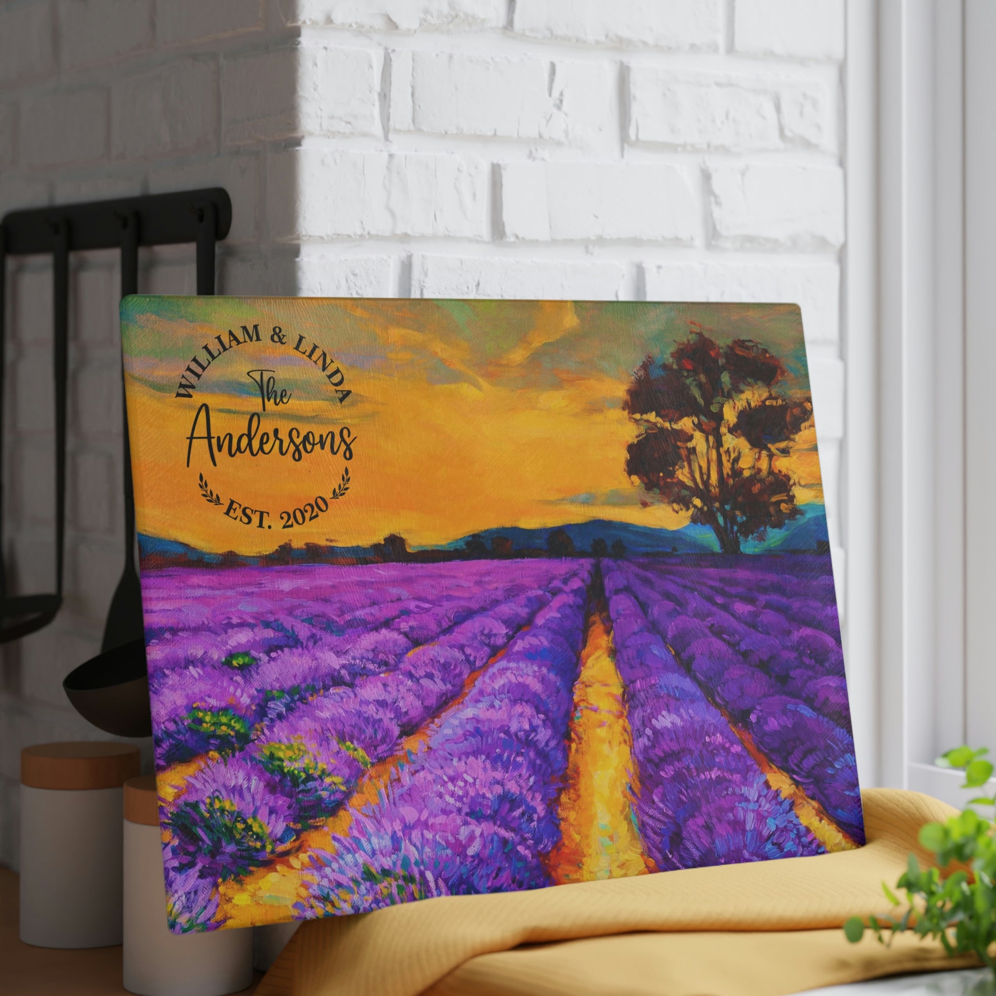 Personalized Lavender Fields Glass Cutting Board – 20 Custom Designs, Tempered Glass, Housewarming, Wedding & Real Estate Gifts - Available in 2 Sizes: 8x11 & 11x15  - DESIGN 2