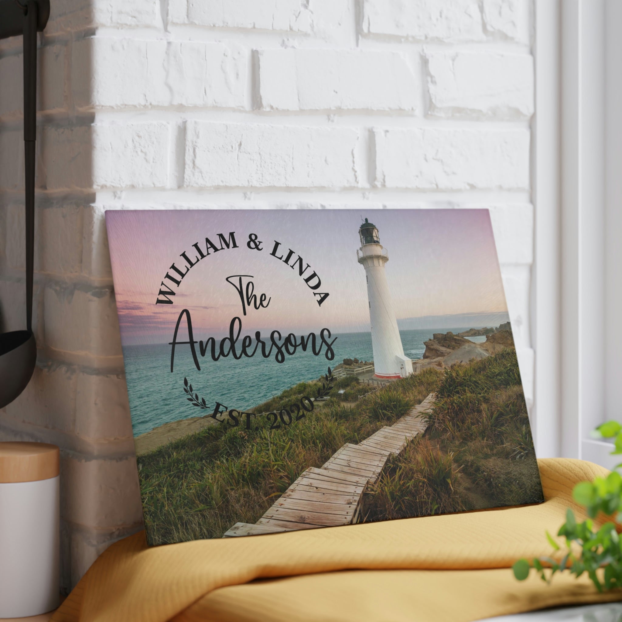 Personalized Lighthouse Boardwalk Glass Cutting Board – 20 Custom Designs, Tempered Glass, Housewarming, Wedding & Real Estate Gifts - Available in 2 Sizes: 8x11 & 11x15  - DESIGN 15