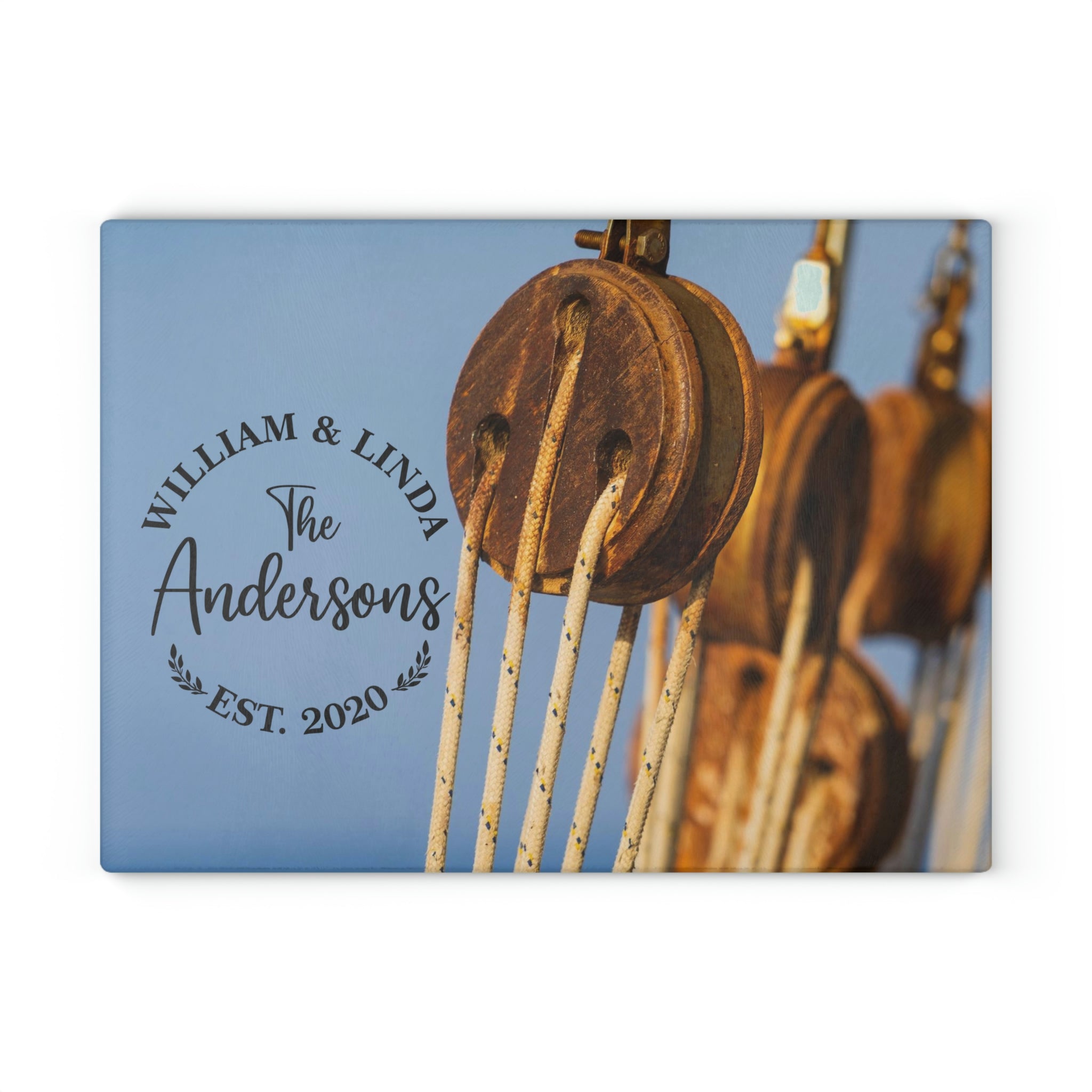 Personalized Sailboat Rope Rigging Glass Cutting Board – 20 Custom Designs, Tempered Glass, Housewarming, Wedding & Real Estate Gifts - Available in 2 Sizes: 8x11 & 11x15 - DESIGN 12