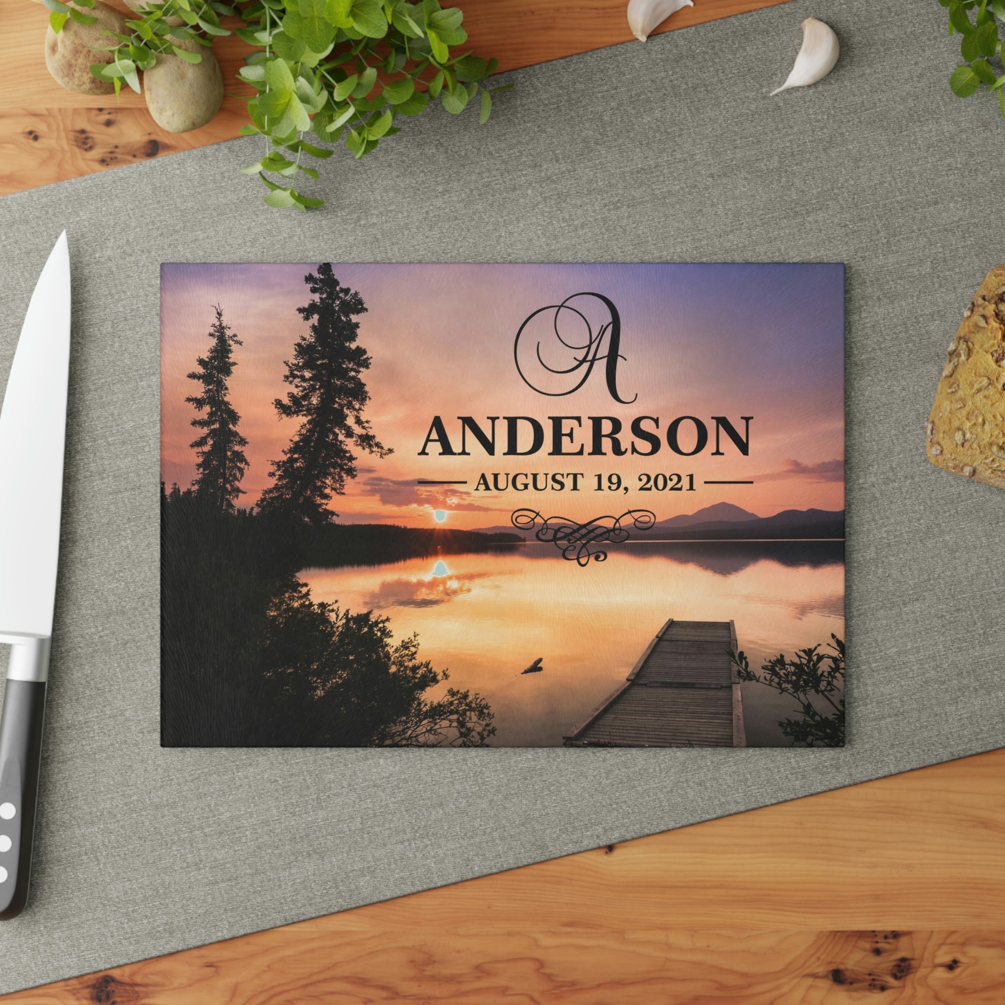 Personalized Lake Sunset Glass Cutting Board – 20 Custom Designs, Tempered Glass, Housewarming, Wedding & Real Estate Gifts - Available in 2 Sizes: 8x11 & 11x15  - DESIGN 10