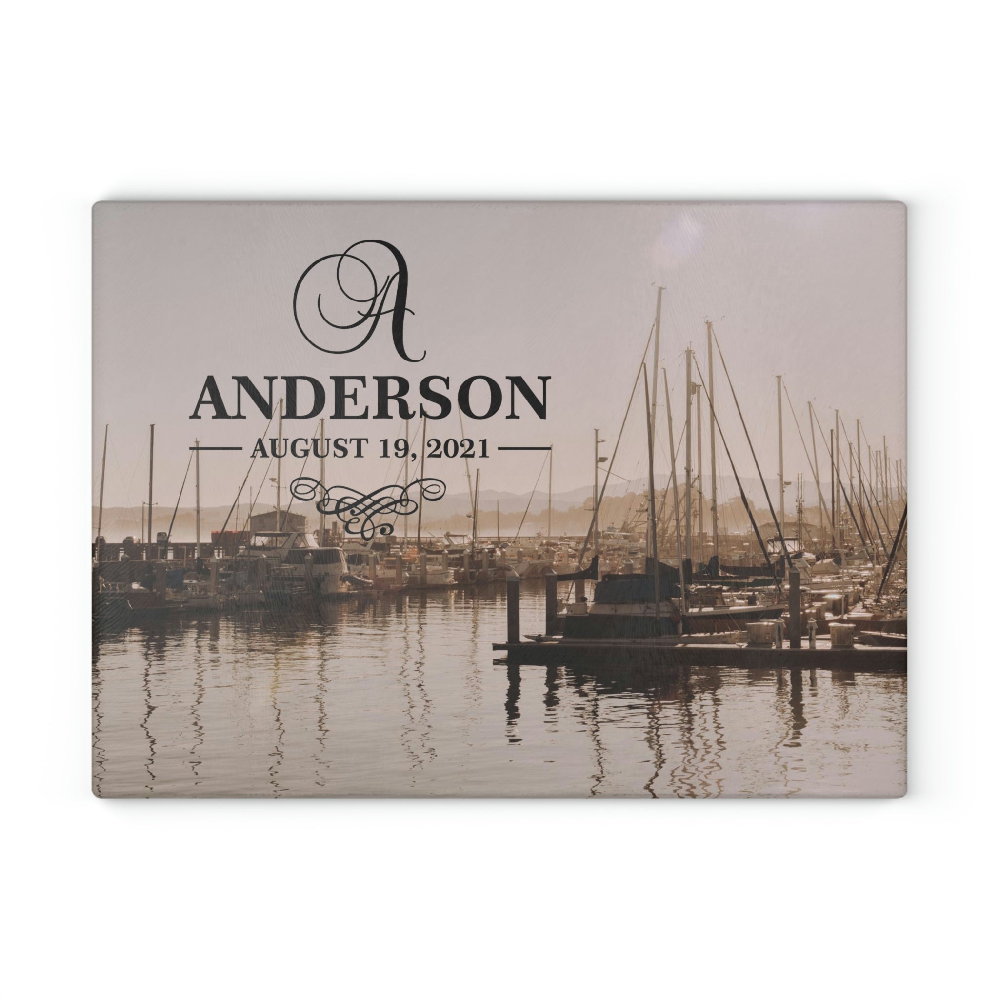 Personalized Sailboat Marina Glass Cutting Board – 20 Custom Designs, Tempered Glass, Housewarming, Wedding & Real Estate Gifts - Available in 2 Sizes: 8x11 & 11x15 - DESIGN 14