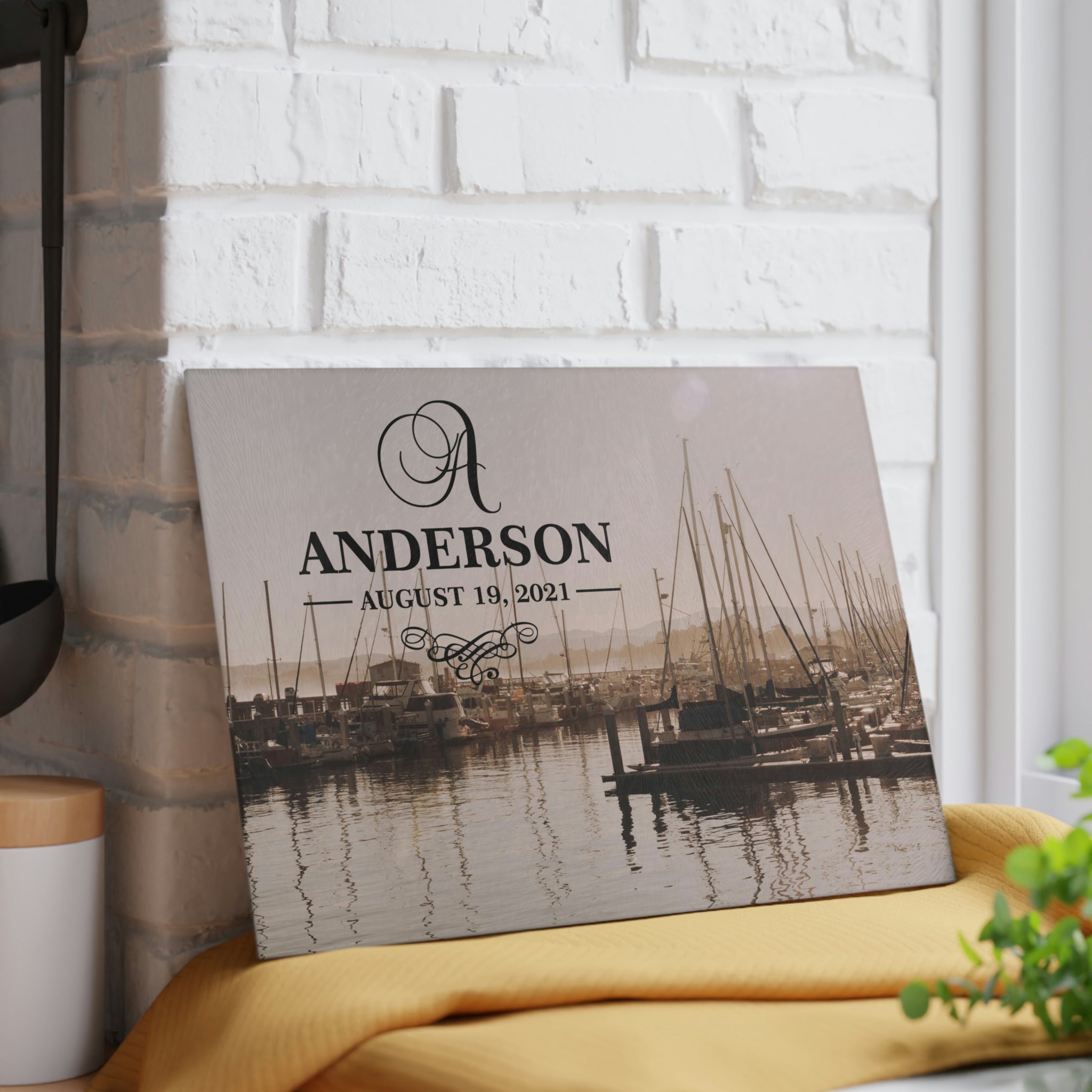 Personalized Sailboat Marina Glass Cutting Board – 20 Custom Designs, Tempered Glass, Housewarming, Wedding & Real Estate Gifts - Available in 2 Sizes: 8x11 & 11x15 - DESIGN 14