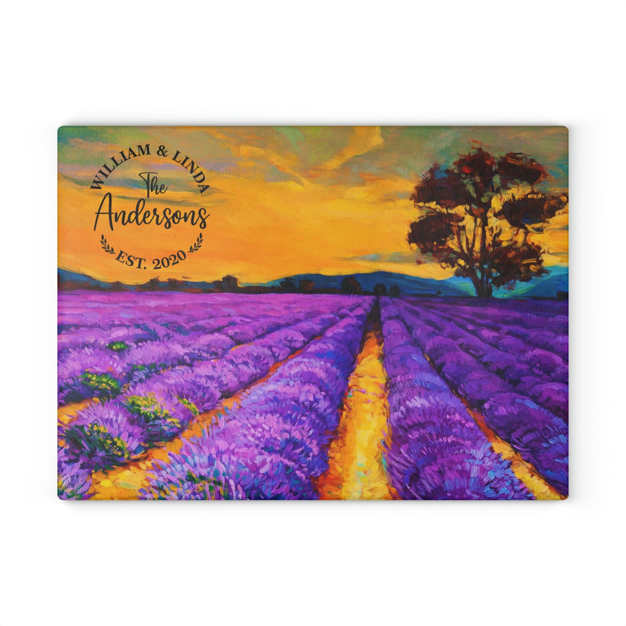 Personalized Lavender Fields Glass Cutting Board – 20 Custom Designs, Tempered Glass, Housewarming, Wedding & Real Estate Gifts - Available in 2 Sizes: 8x11 & 11x15  - DESIGN 2