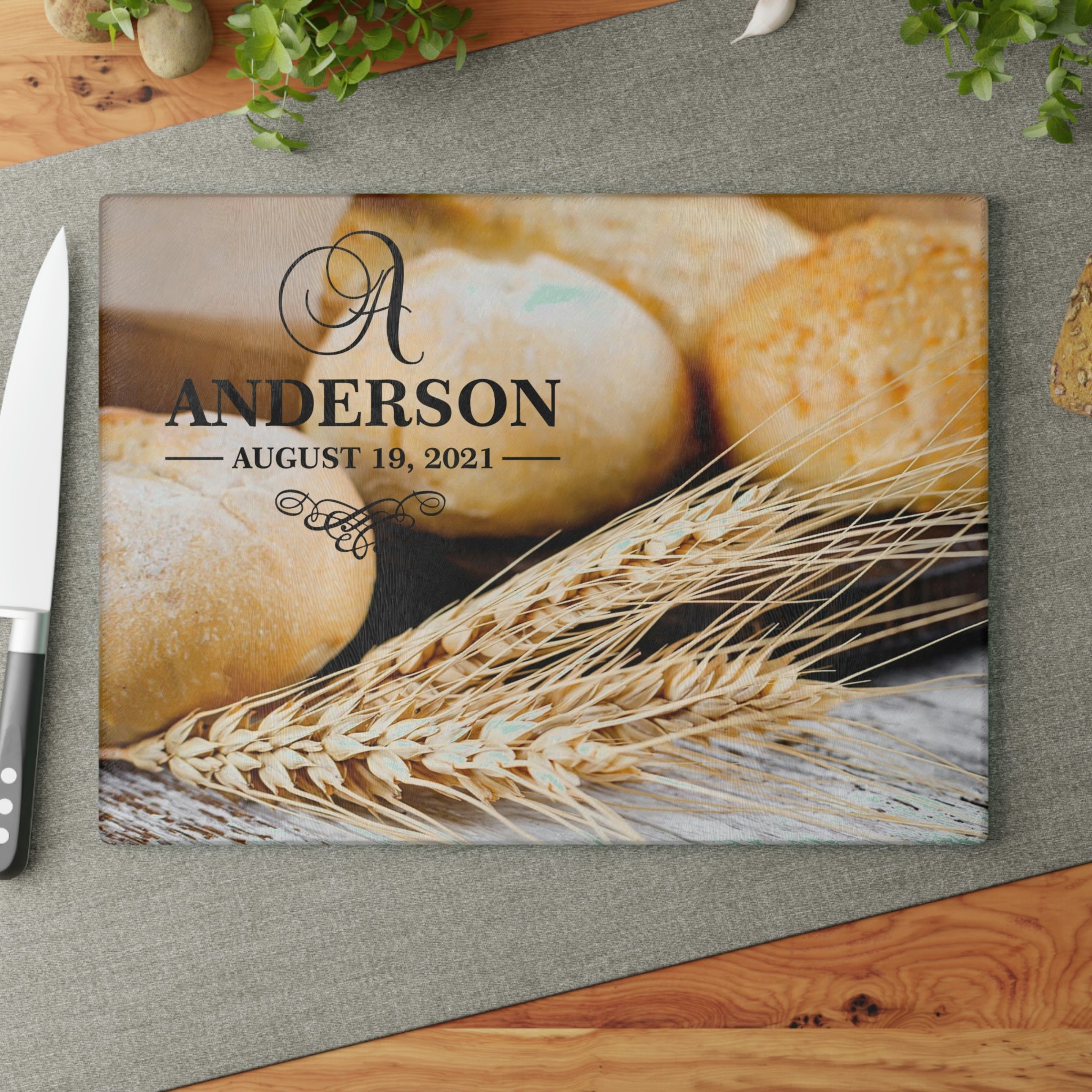 Personalized Bread Wheat Glass Cutting Board – 20 Custom Designs, Tempered Glass, Housewarming, Wedding & Real Estate Gifts - Available in 2 Sizes: 8x11 & 11x15 - DESIGN 16