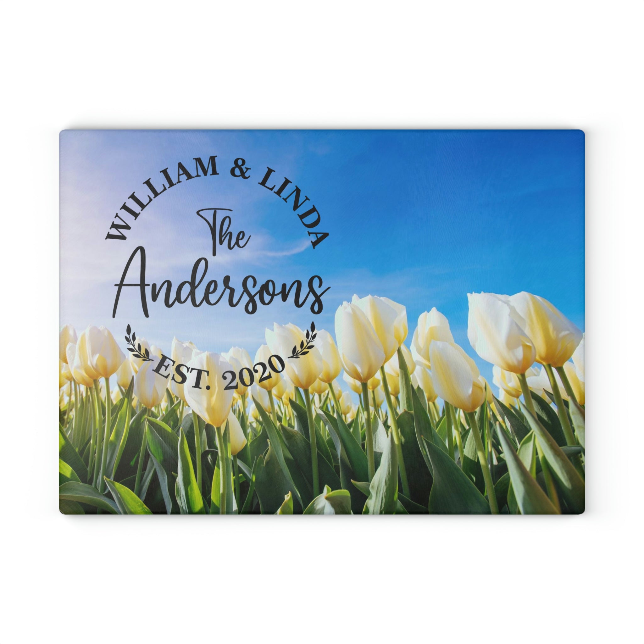 Personalized Yellow Tulips Glass Cutting Board – 20 Custom Designs | Tempered Glass, Housewarming, Wedding & Real Estate Gifts | Available in 2 Sizes: 8x11 & 11x15 - DESIGN 20