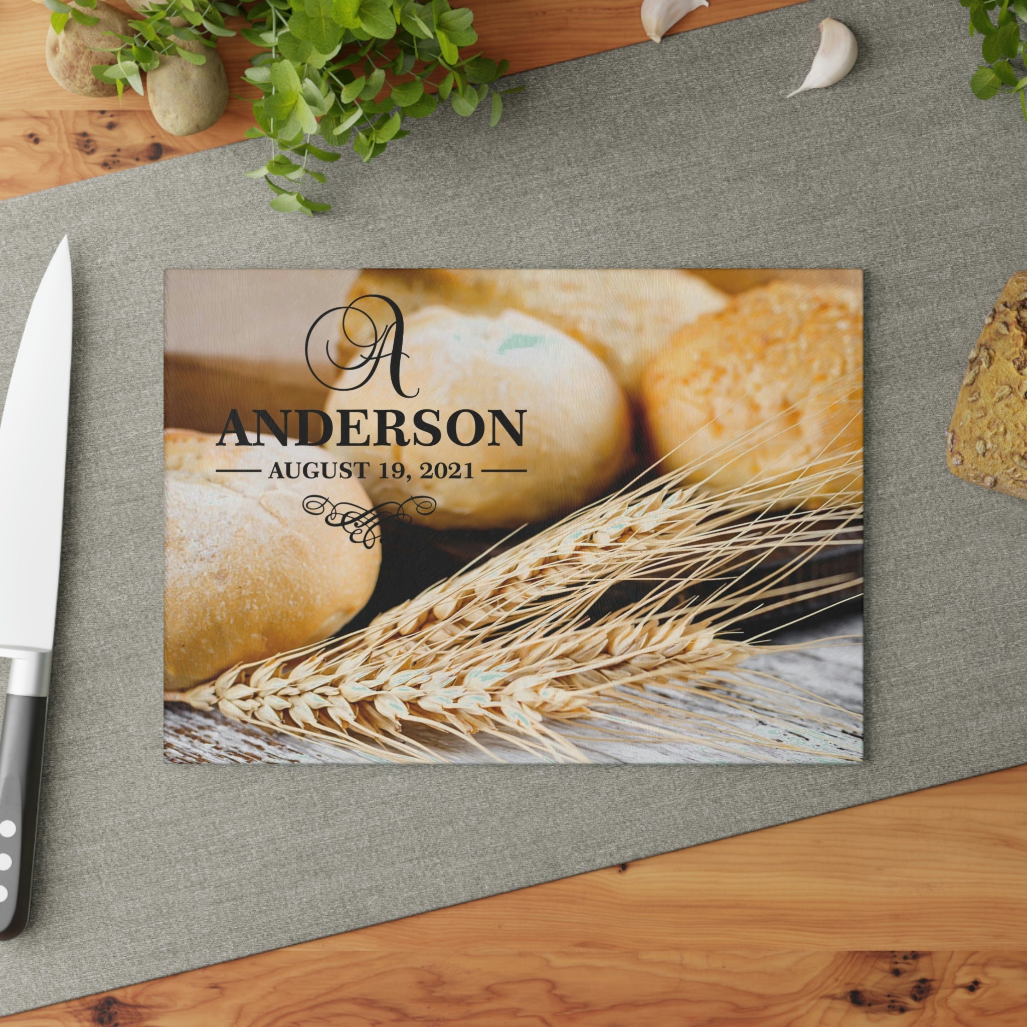 Personalized Bread Wheat Glass Cutting Board – 20 Custom Designs, Tempered Glass, Housewarming, Wedding & Real Estate Gifts - Available in 2 Sizes: 8x11 & 11x15 - DESIGN 16