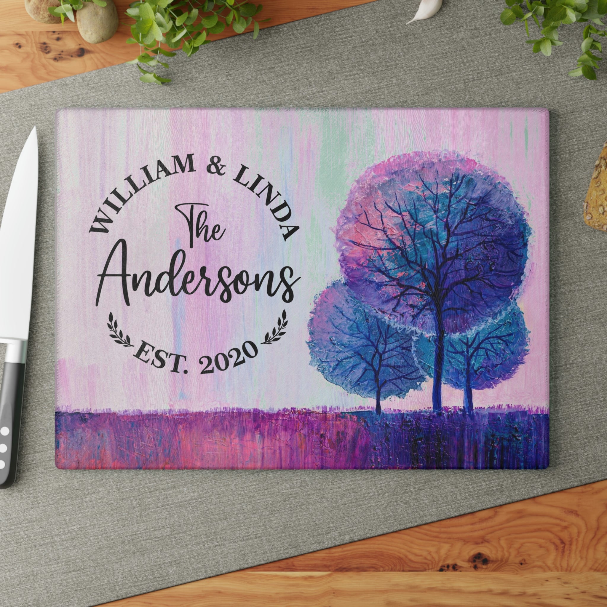 Personalized Purple Trees Glass Cutting Board – 20 Custom Designs, Tempered Glass, Housewarming, Wedding & Real Estate Gifts - Available in 2 Sizes: 8x11 & 11x15  - DESIGN 5