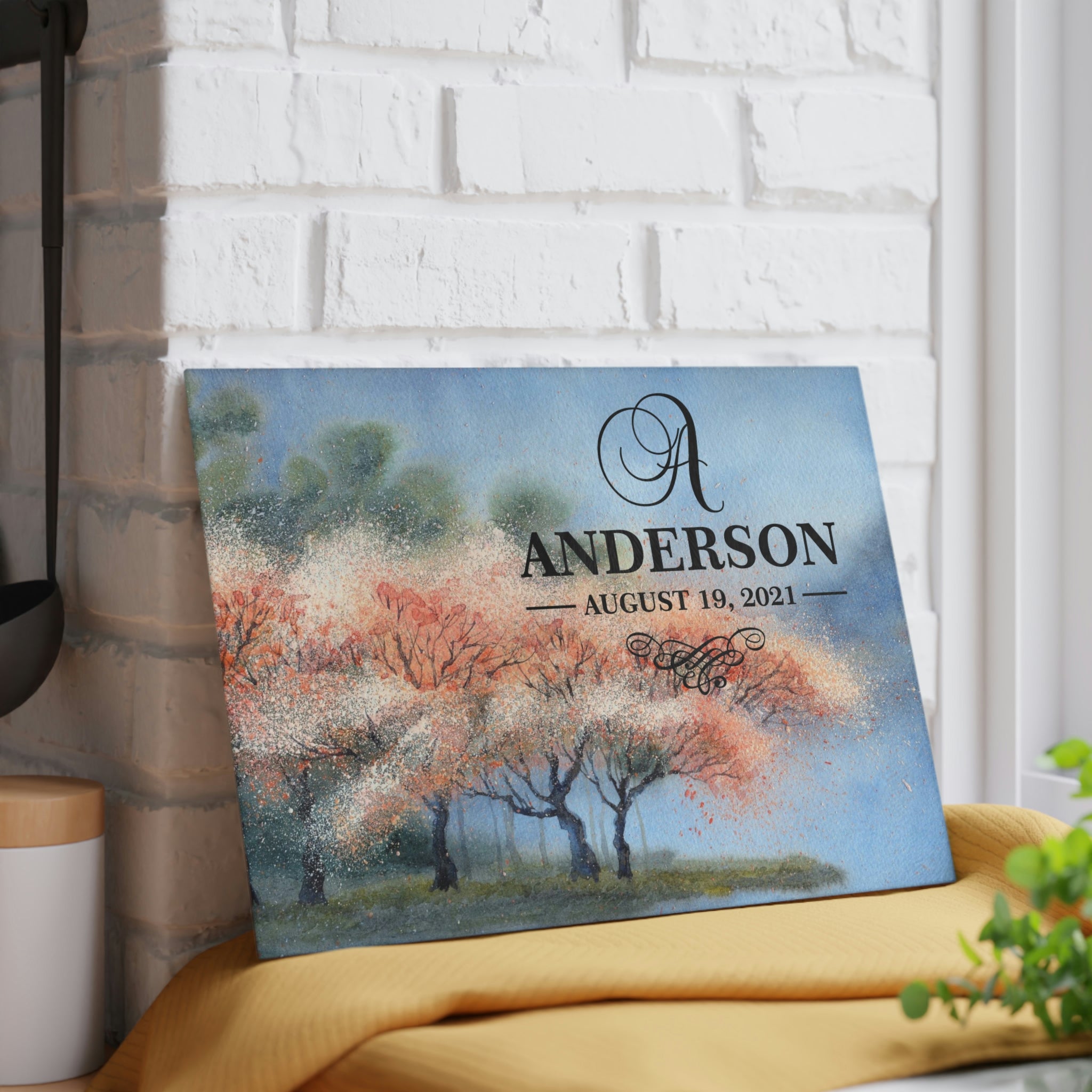 Personalized Cherry Blossom Trees Glass Cutting Board – 20 Custom Designs, Tempered Glass, Housewarming, Wedding & Real Estate Gifts - Available in 2 Sizes: 8x11 & 11x15  - DESIGN 4